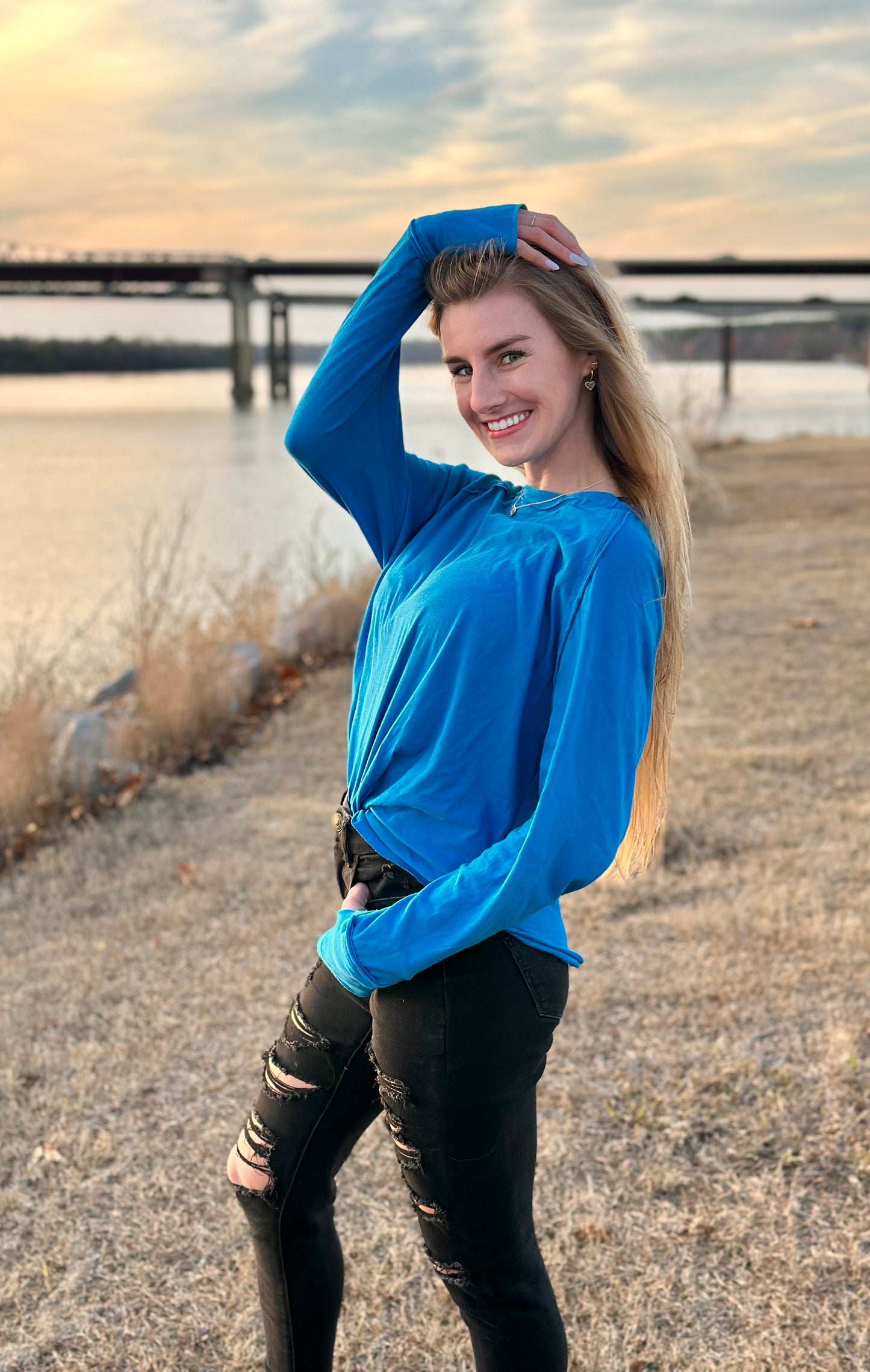 Ocean Blue Cotton Raglan Sleeve Thumbhole Top