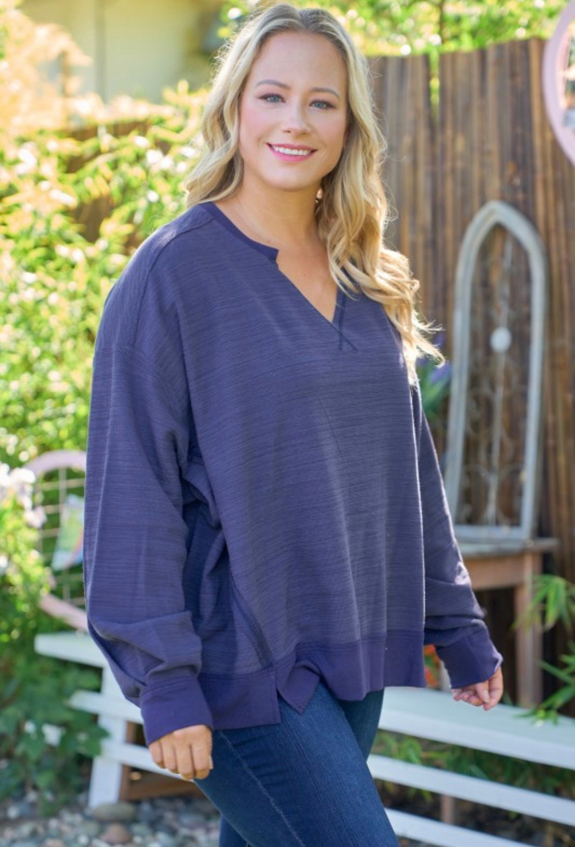 Navy Raw Edge Knit Top