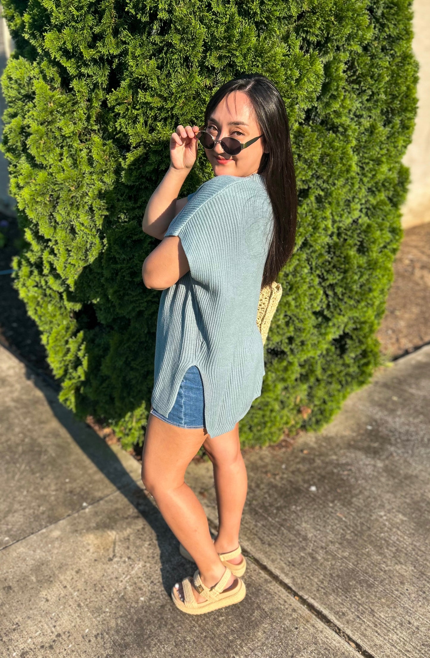 Short Sleeve Oversized Sweater w/ Side Slit-Haze Blue