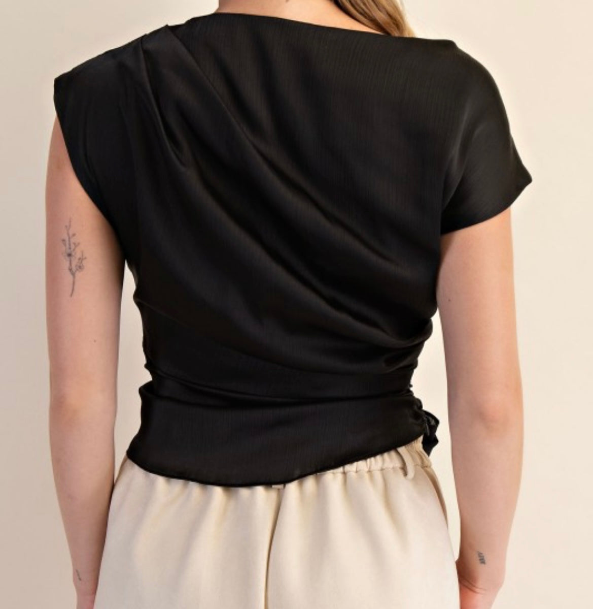 Black Boat Neck Waist Tie Blouse