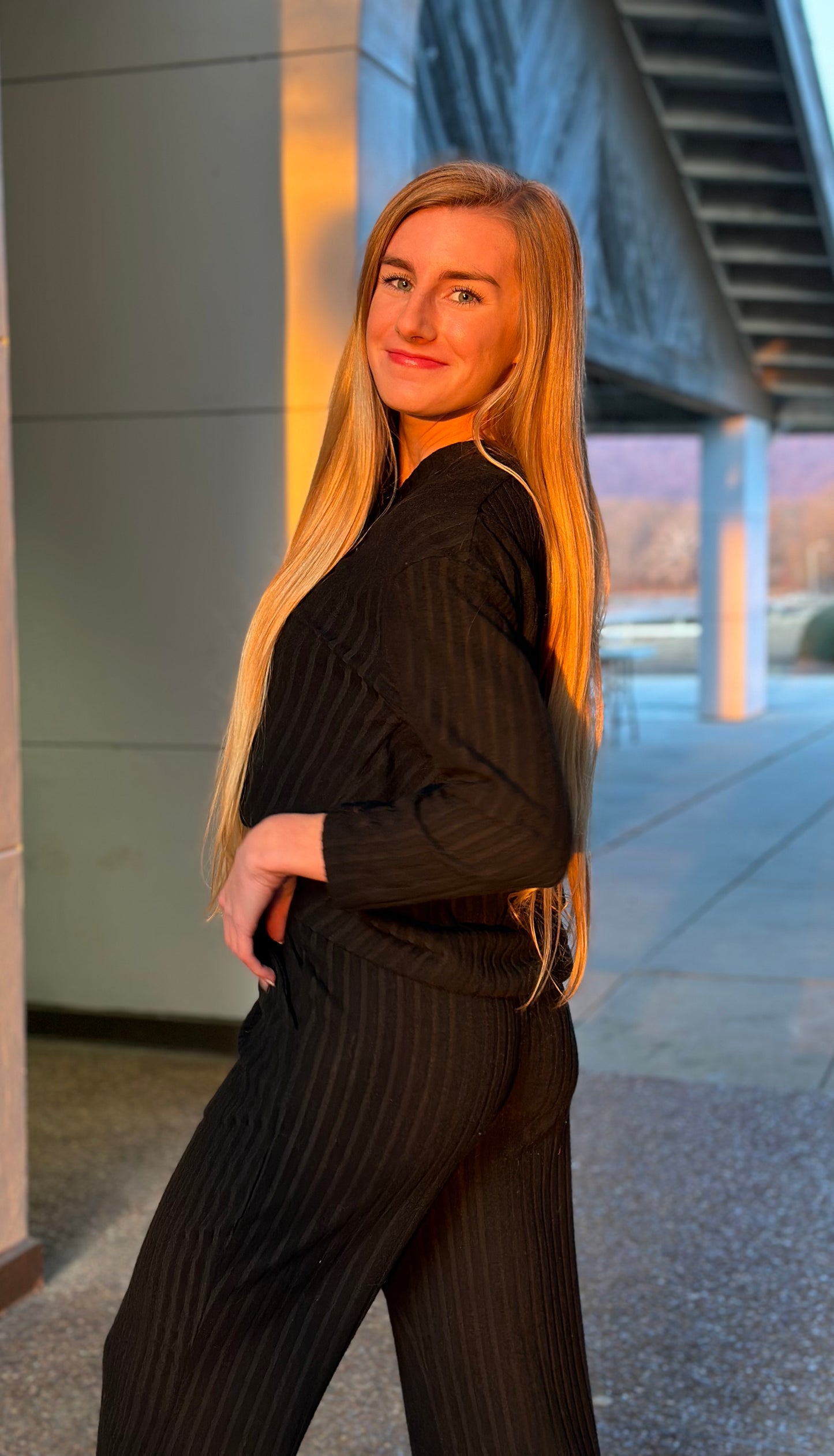 Ribbed Knit V Neck Slouchy Two Piece Outfit