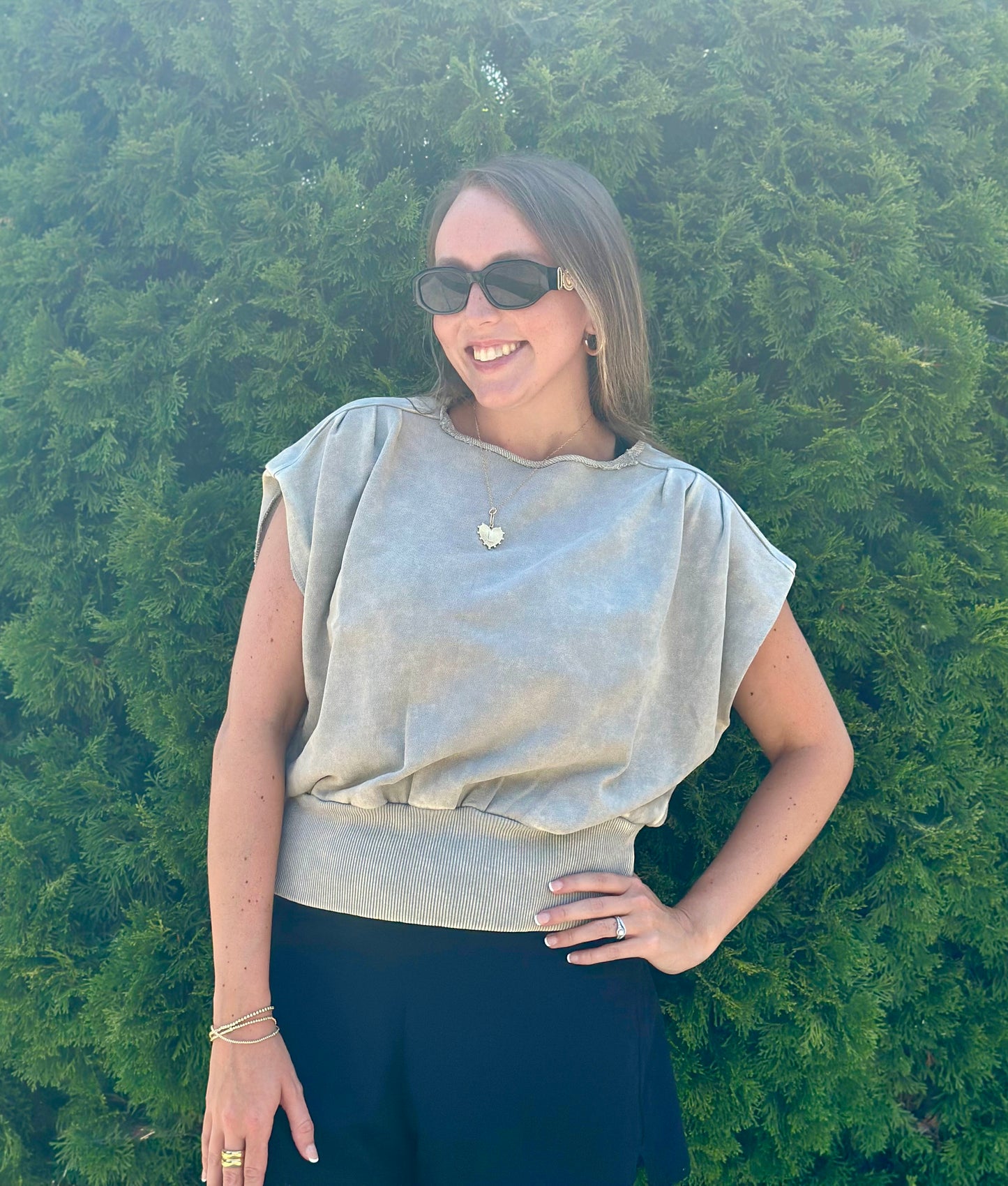 Sleet Washed Boat Neck Bottom Banded Dolman Sleeve Top