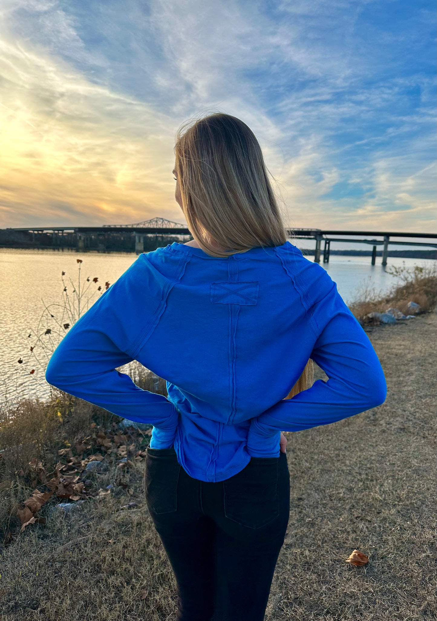 Ocean Blue Cotton Raglan Sleeve Thumbhole Top