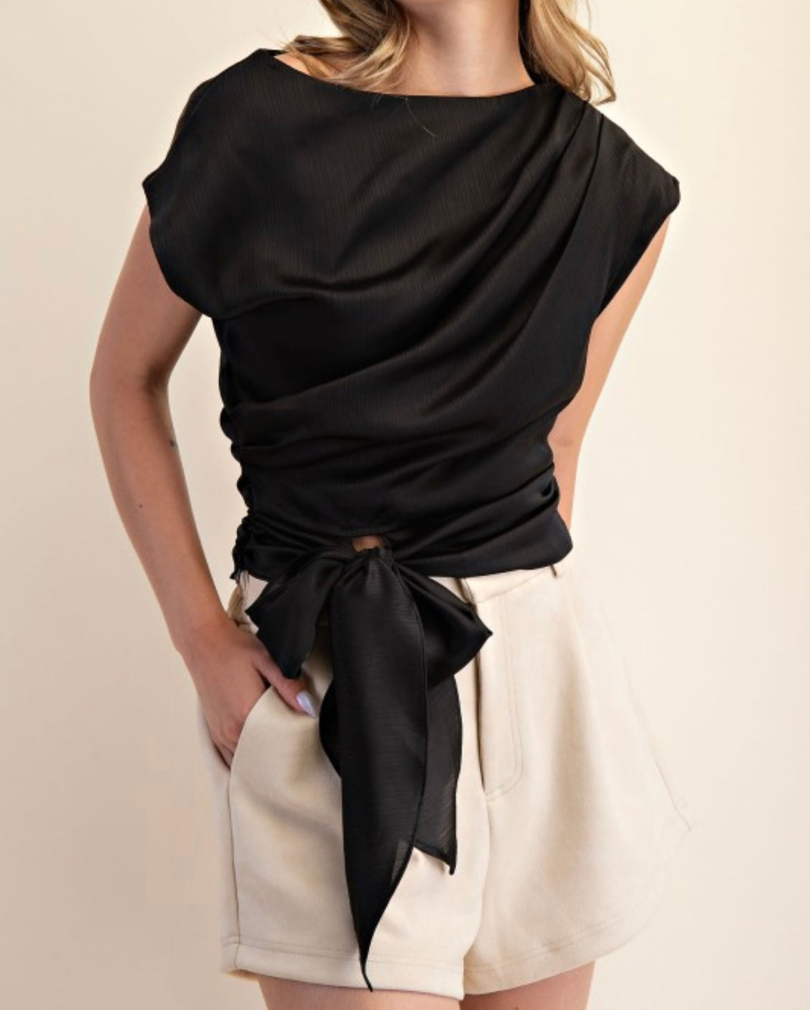 Black Boat Neck Waist Tie Blouse