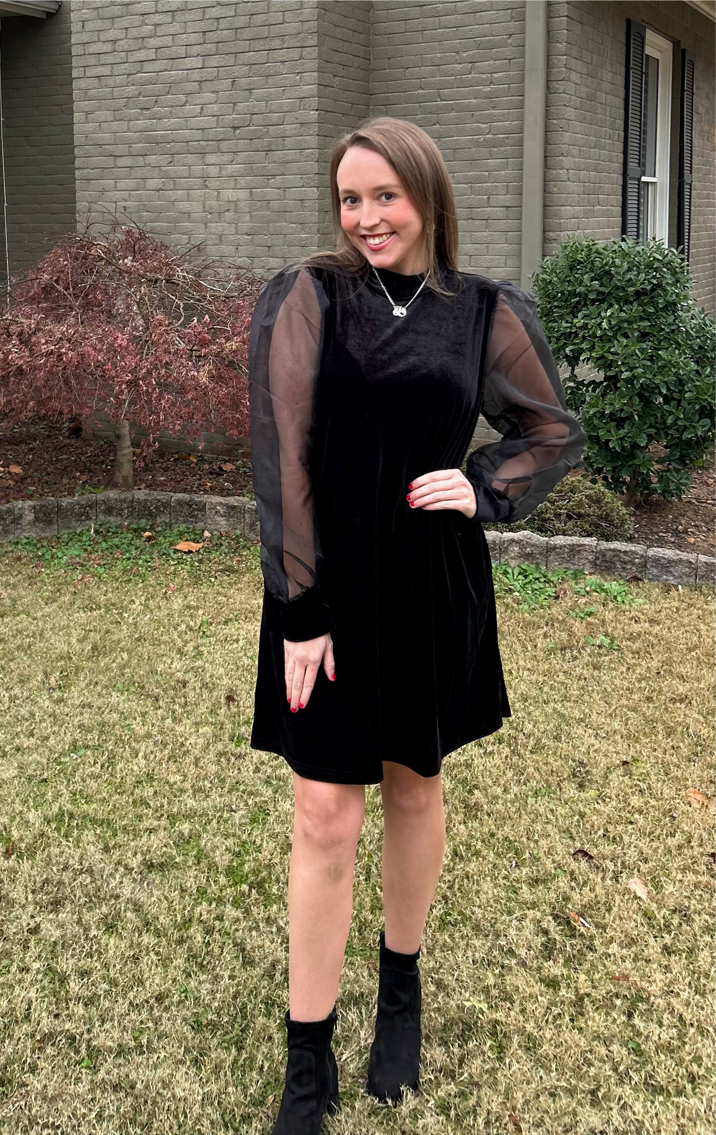 Black Velvet & Organza Sleeves Dress w/ Pockets