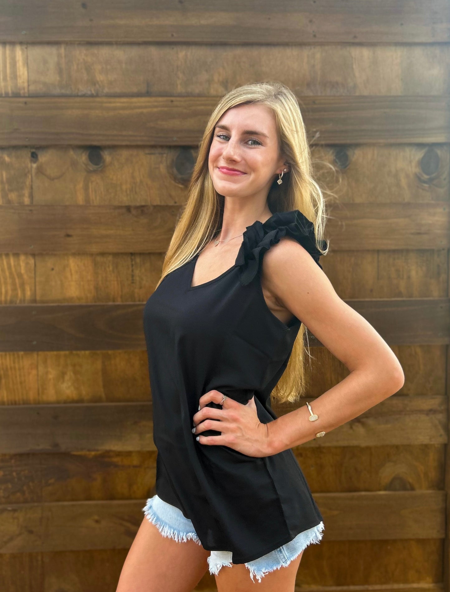 Woven Wool Ruffle Trim Sleeveless Top