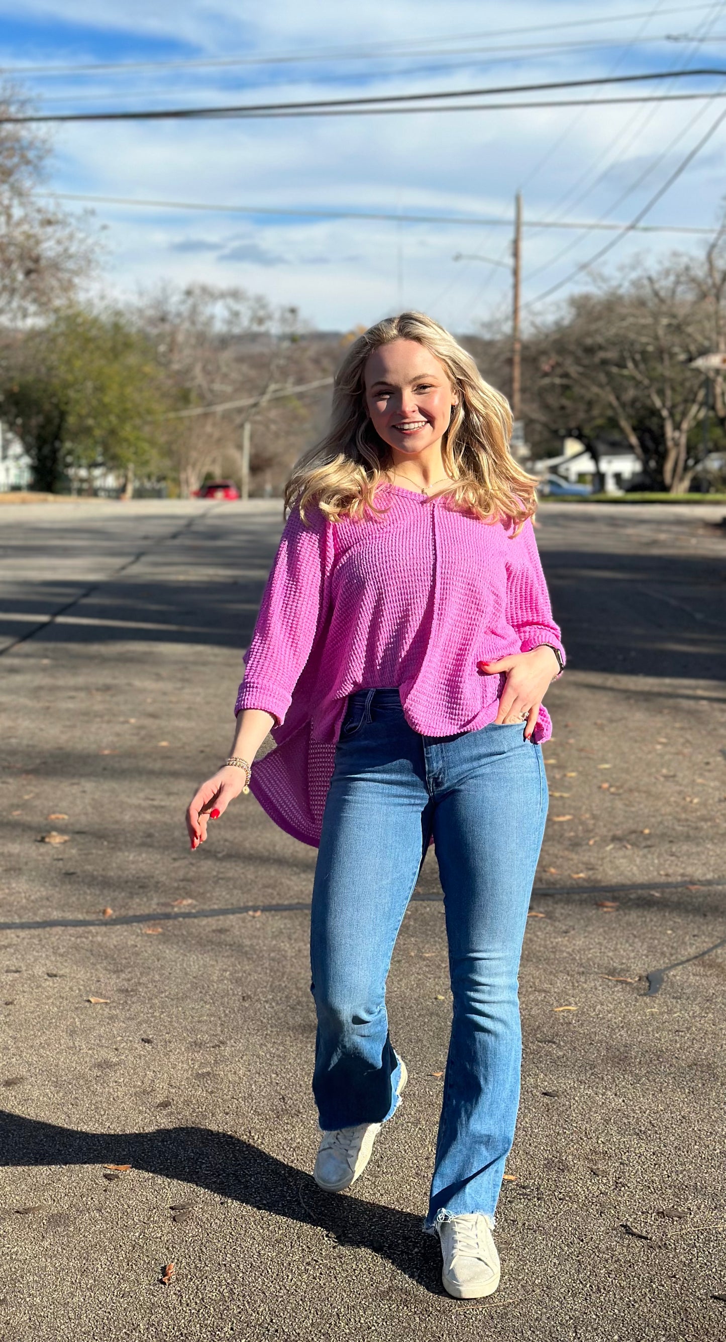 Bright Mauve 3/4 Sleeve V-Neck Hi-Low Hem Jacquard Sweater