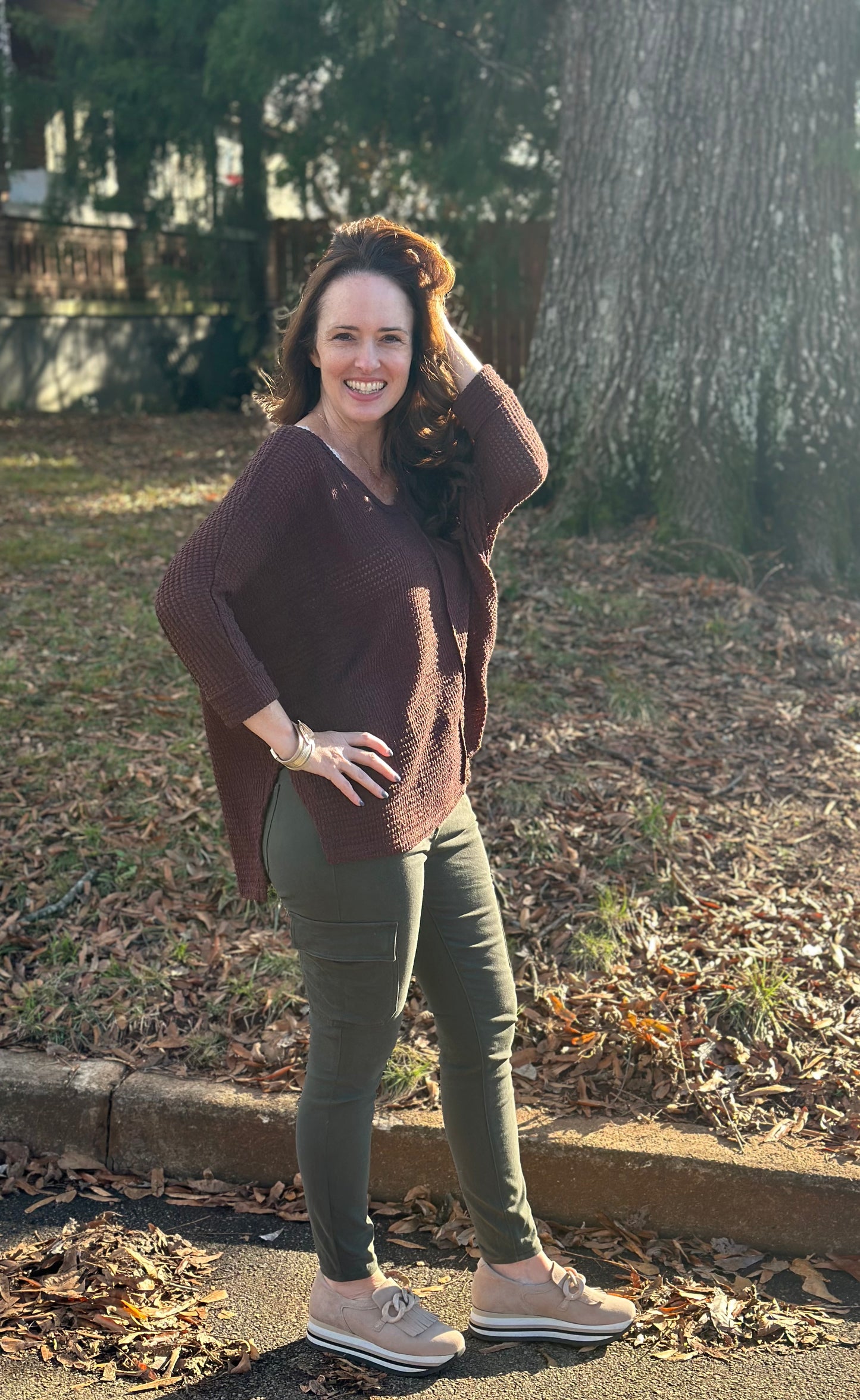 Mahogany 3/4 Sleeve V-Neck Hi-Low Hem Jacquard Sweater