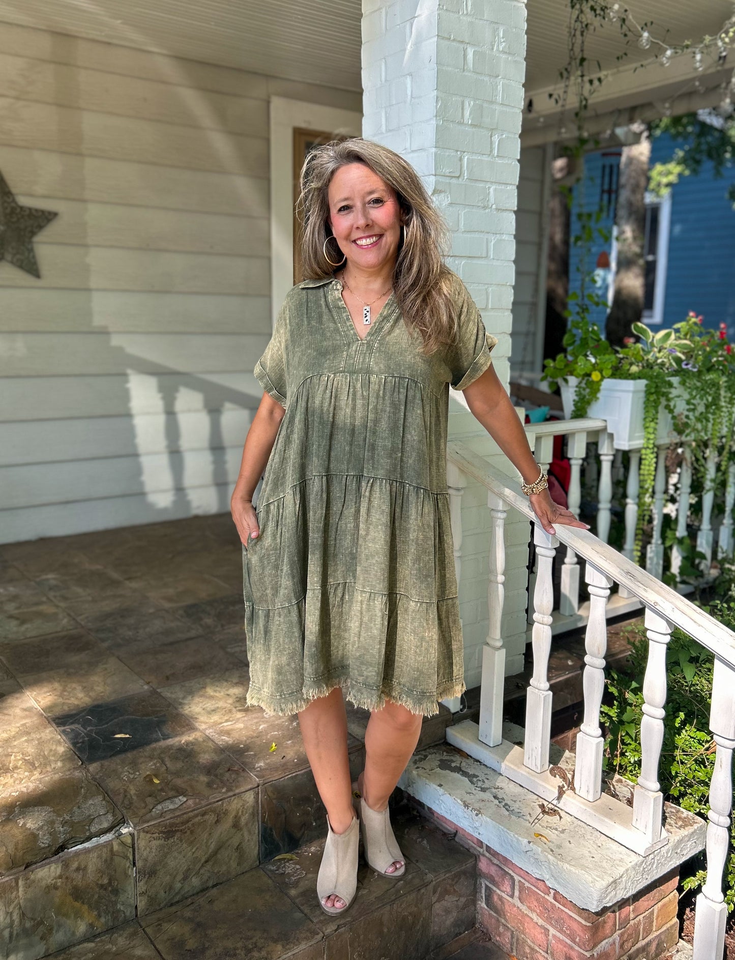 Light Olive Washed Linen Raw Edge V-Neck Dress