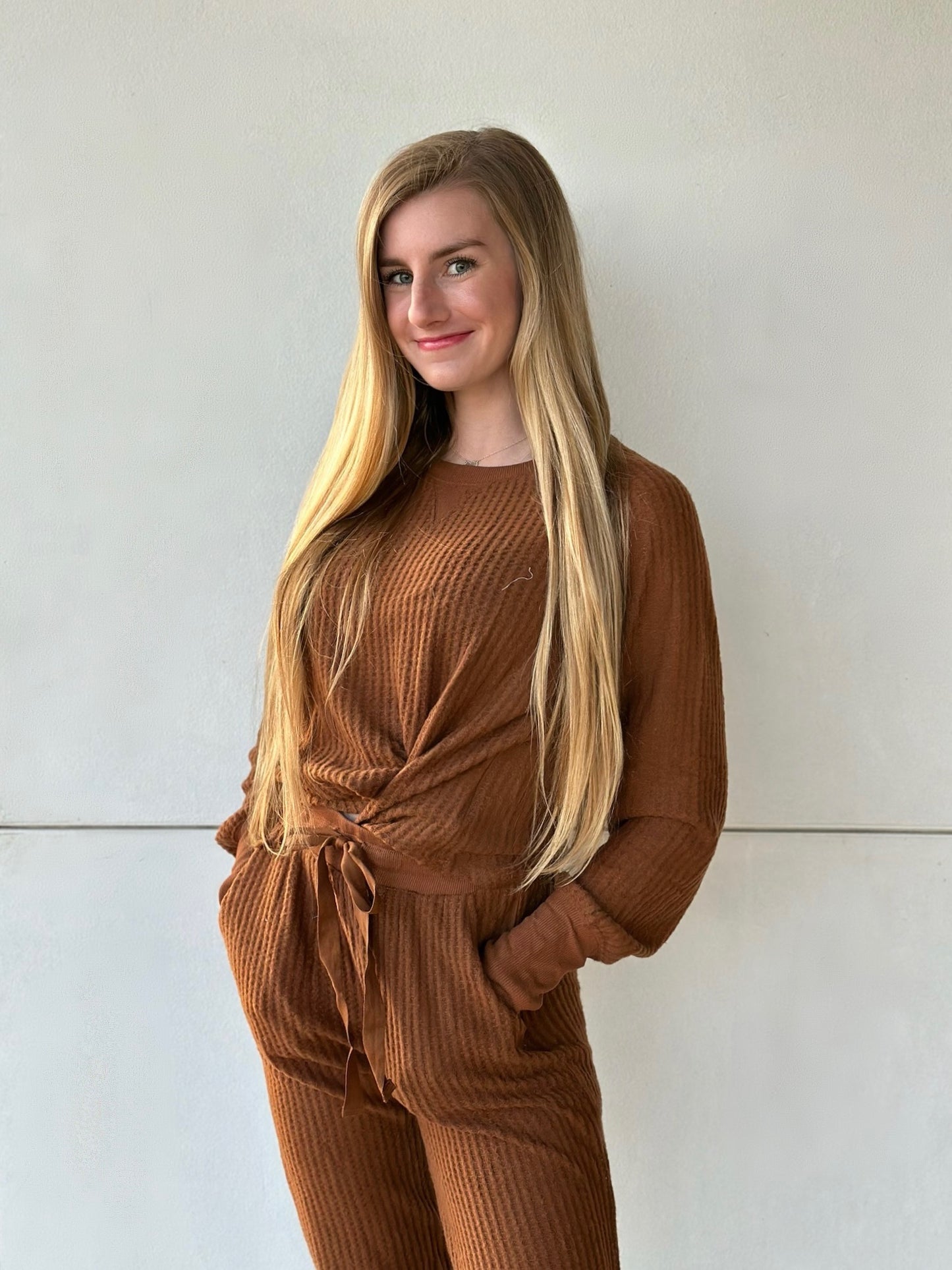 Waffle Knit Lounge Wear Top and Pants Set