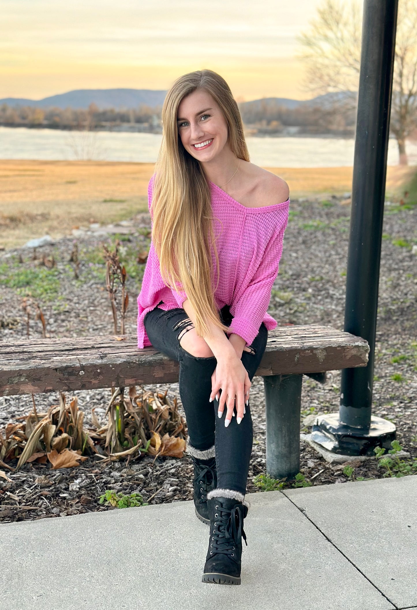 Bright Mauve 3/4 Sleeve V-Neck Hi-Low Hem Jacquard Sweater