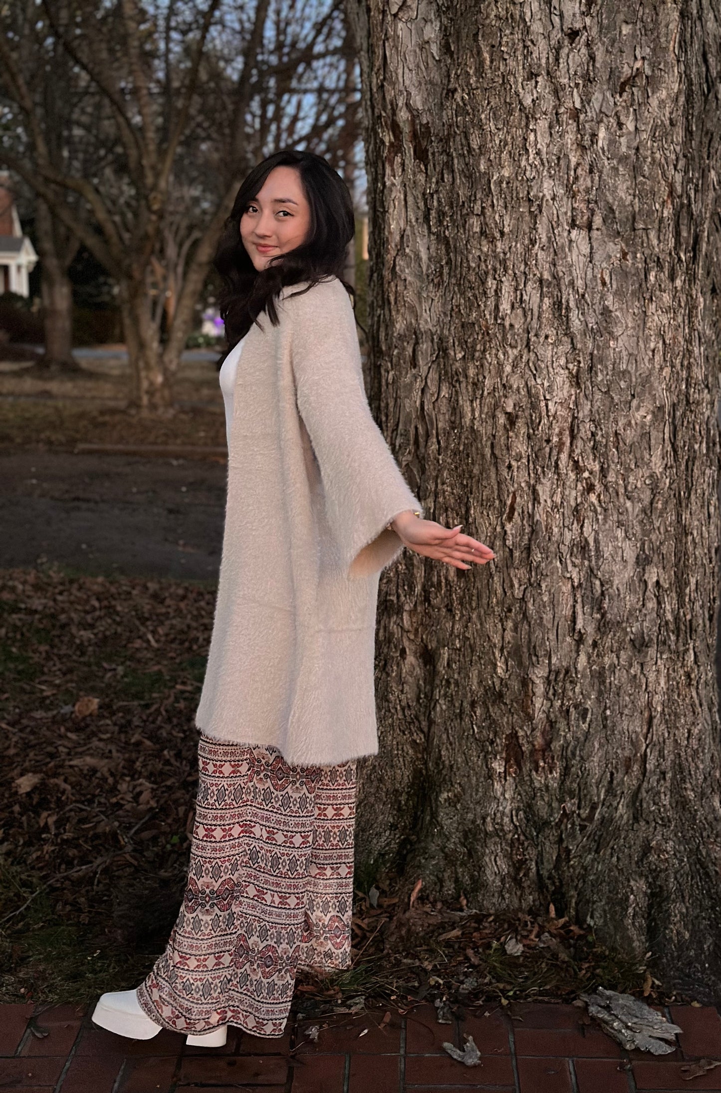 Beige Luxe Winter Faux Mohair Knit Cardigan
