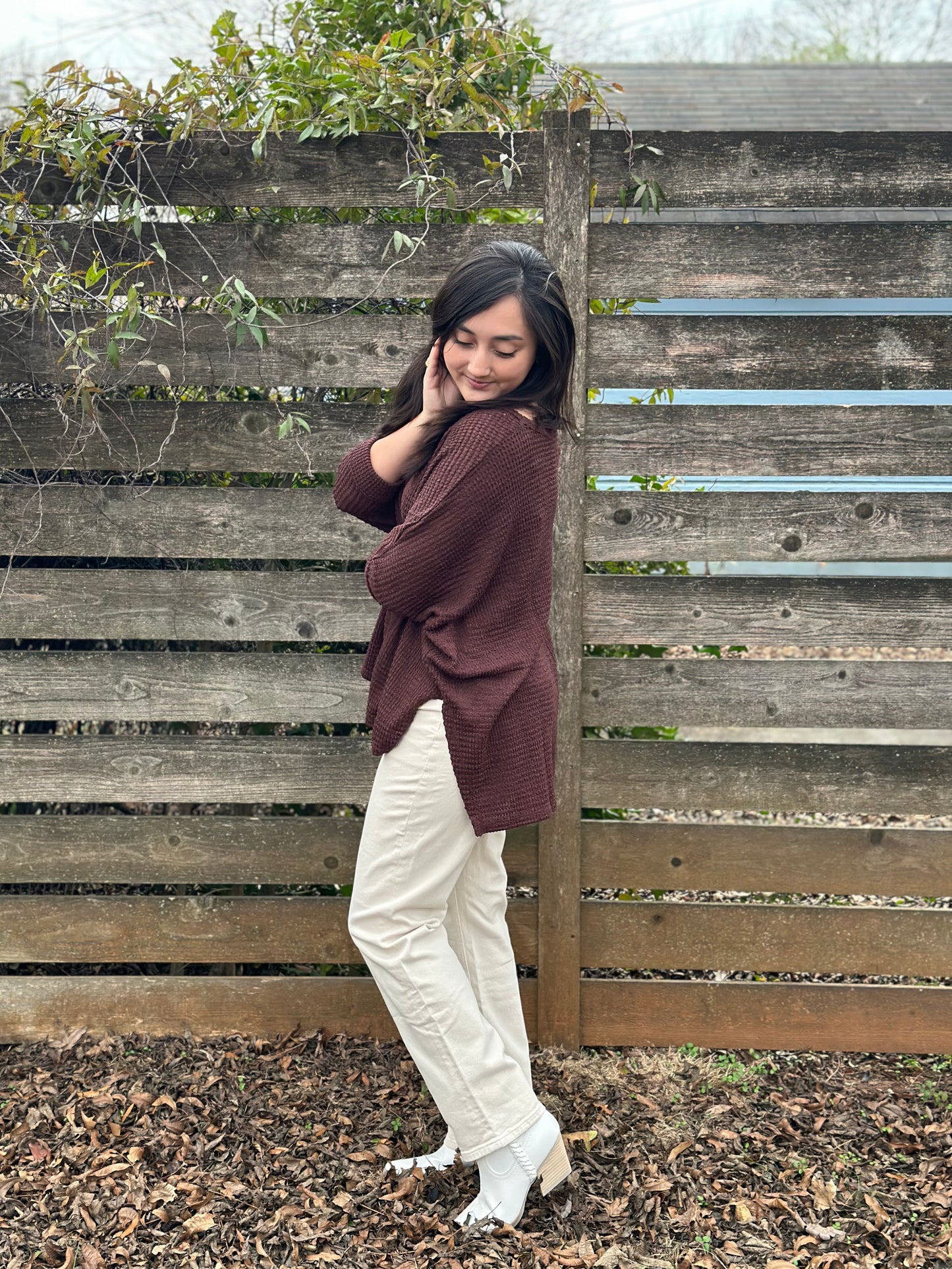 Mahogany 3/4 Sleeve V-Neck Hi-Low Hem Jacquard Sweater