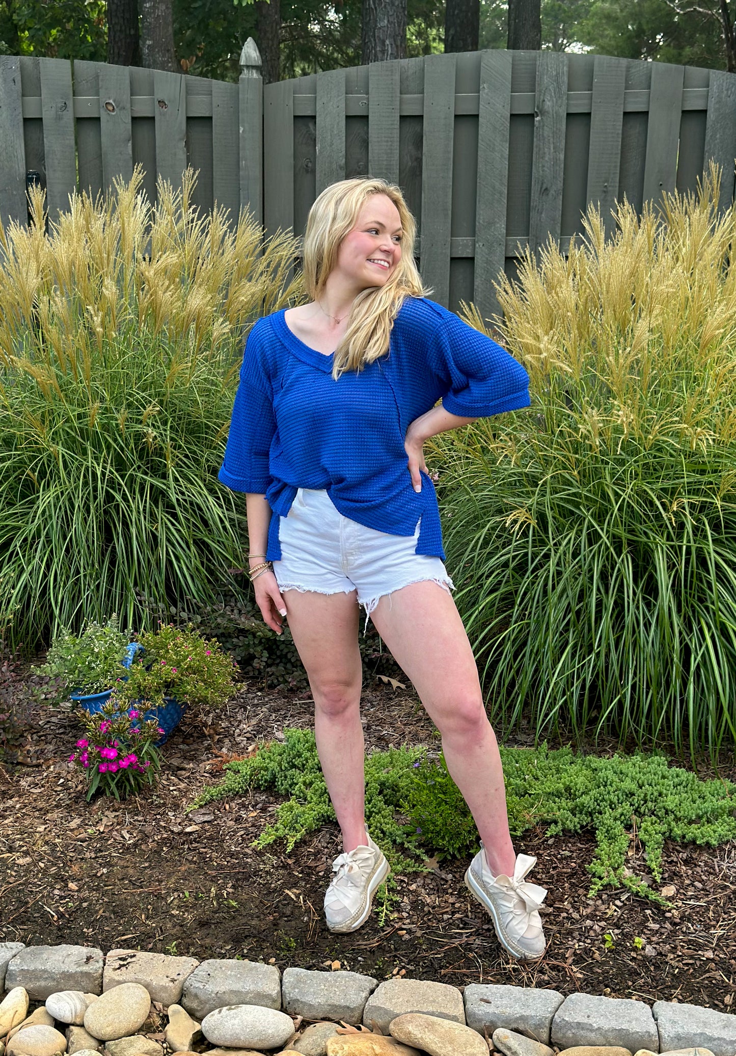 Light Navy Brushed Waffle Exposed-Seam 3/4 Sleeve Top