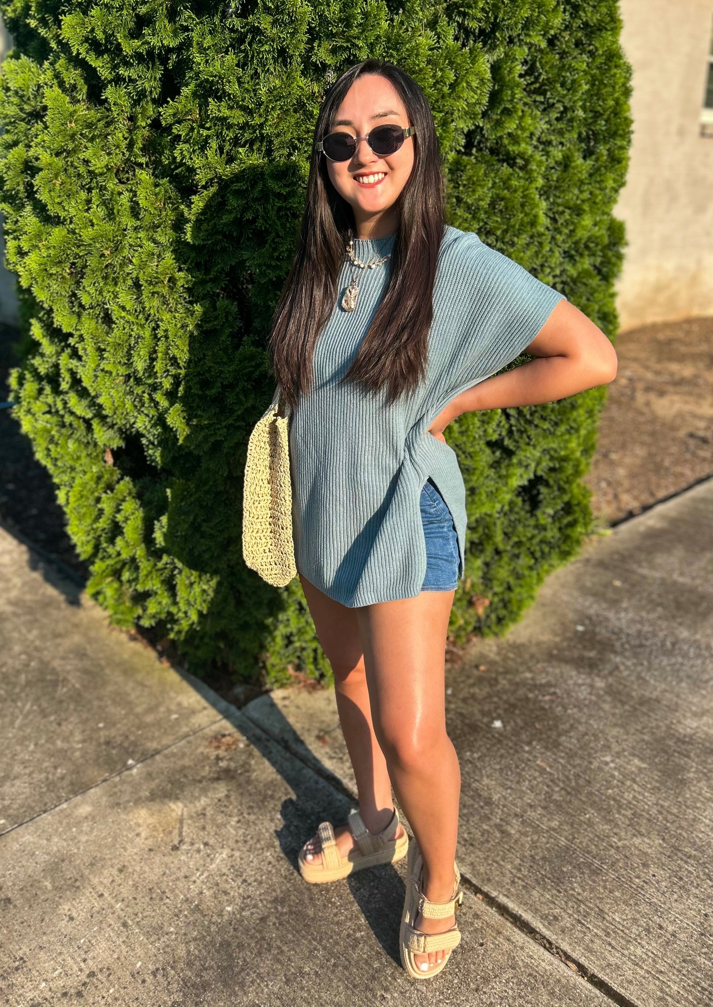 Haze Blue Short Sleeve Oversized Sweater w/ Side Slit