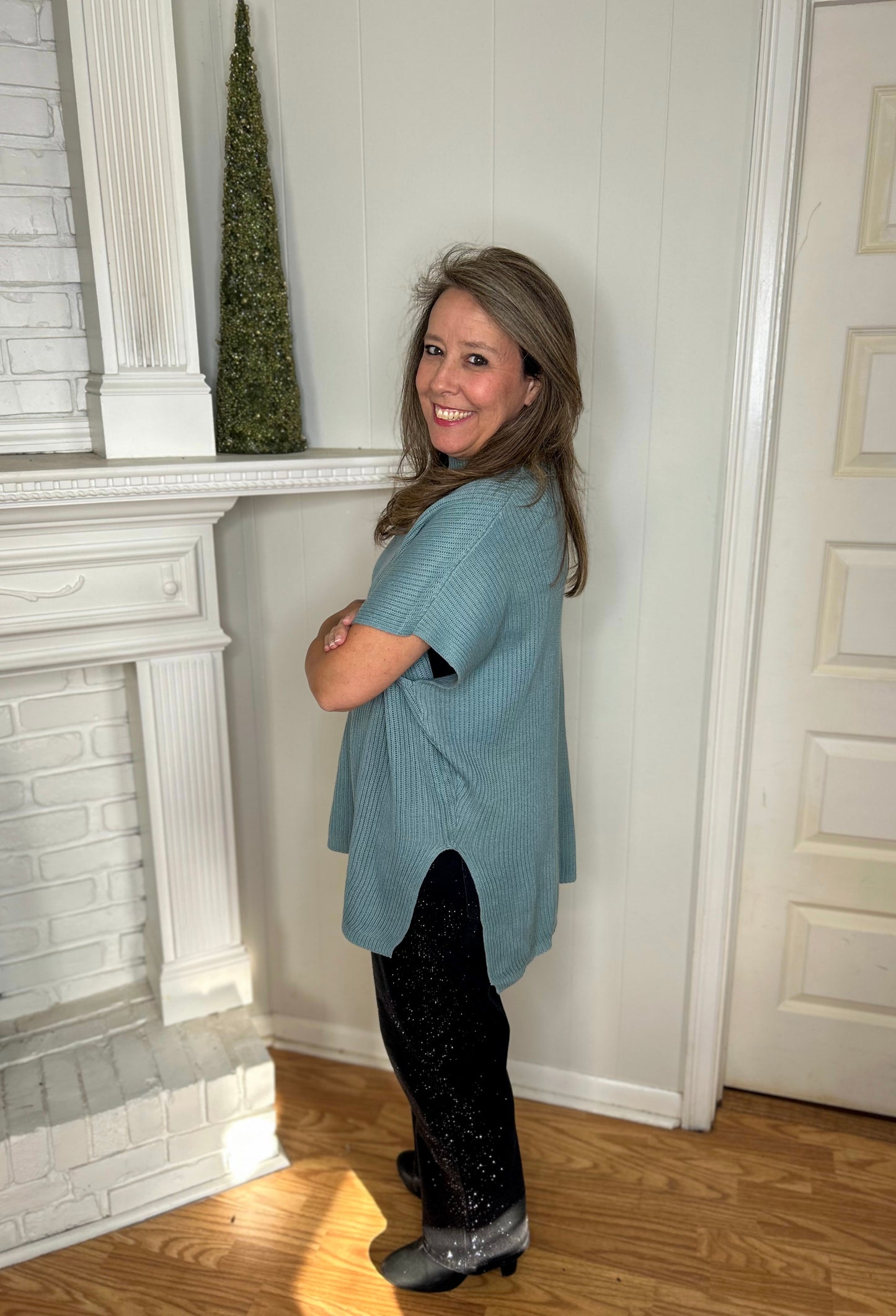 Haze Blue Short Sleeve Oversized Sweater w/ Side Slit