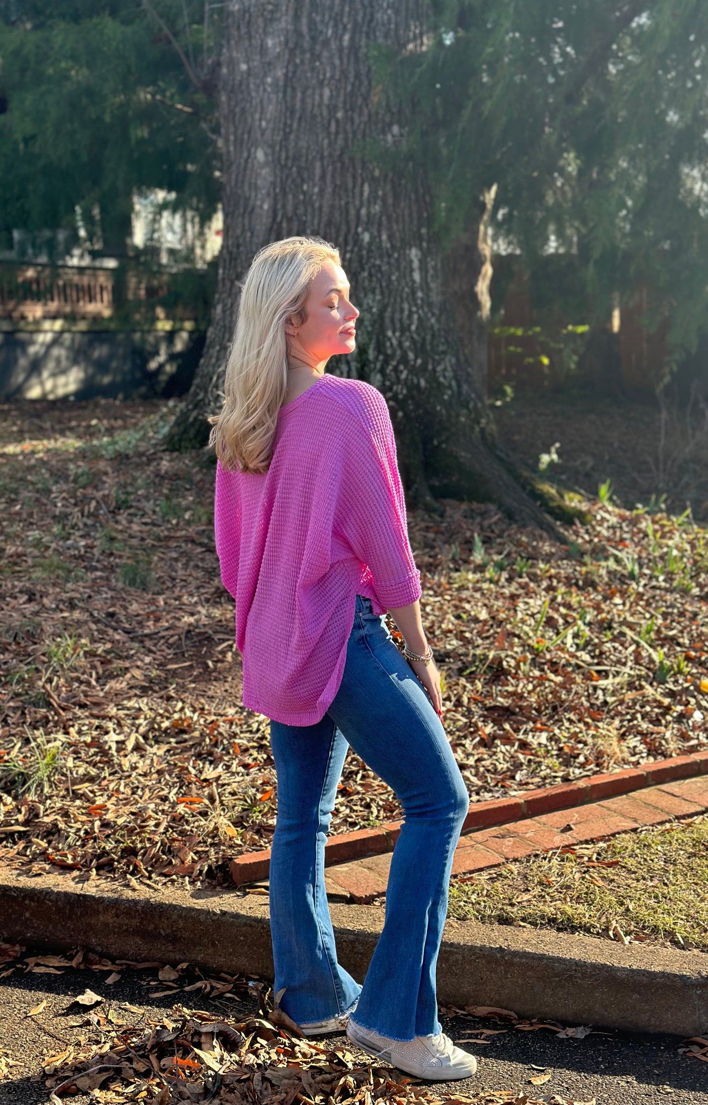 Bright Mauve 3/4 Sleeve V-Neck Hi-Low Hem Jacquard Sweater