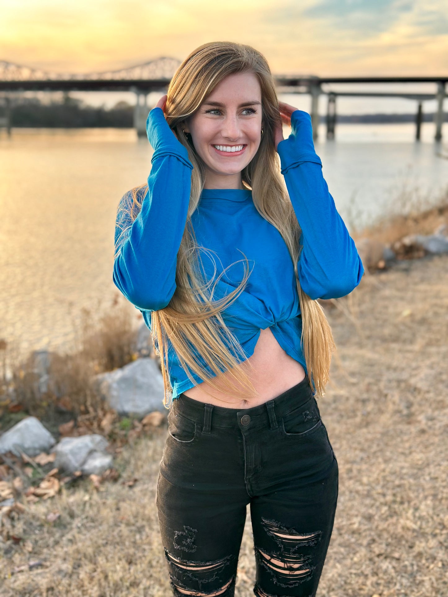 Ocean Blue Cotton Raglan Sleeve Thumbhole Top