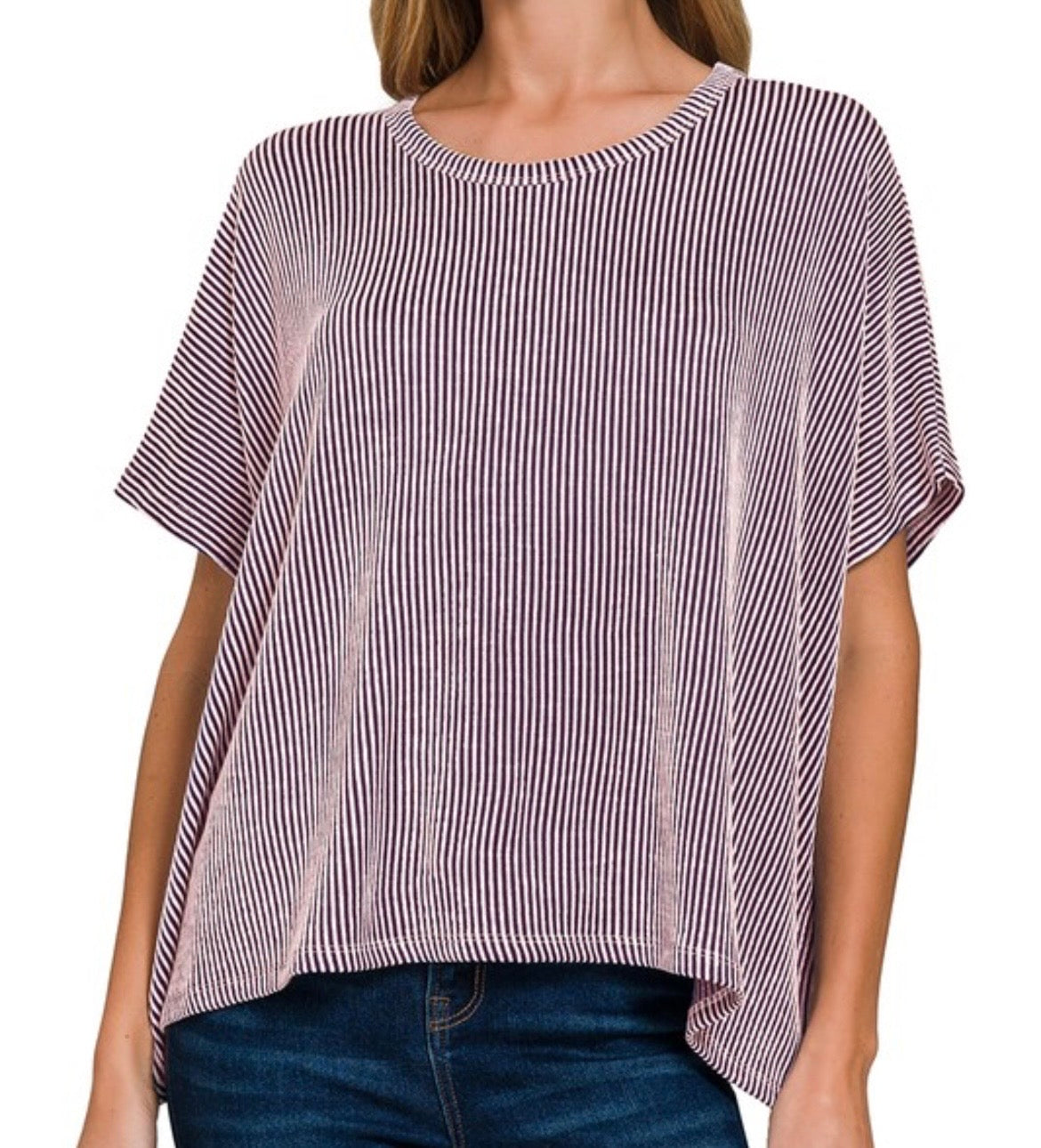 Eggplant Ribbed Oversized Short Sleeve Top