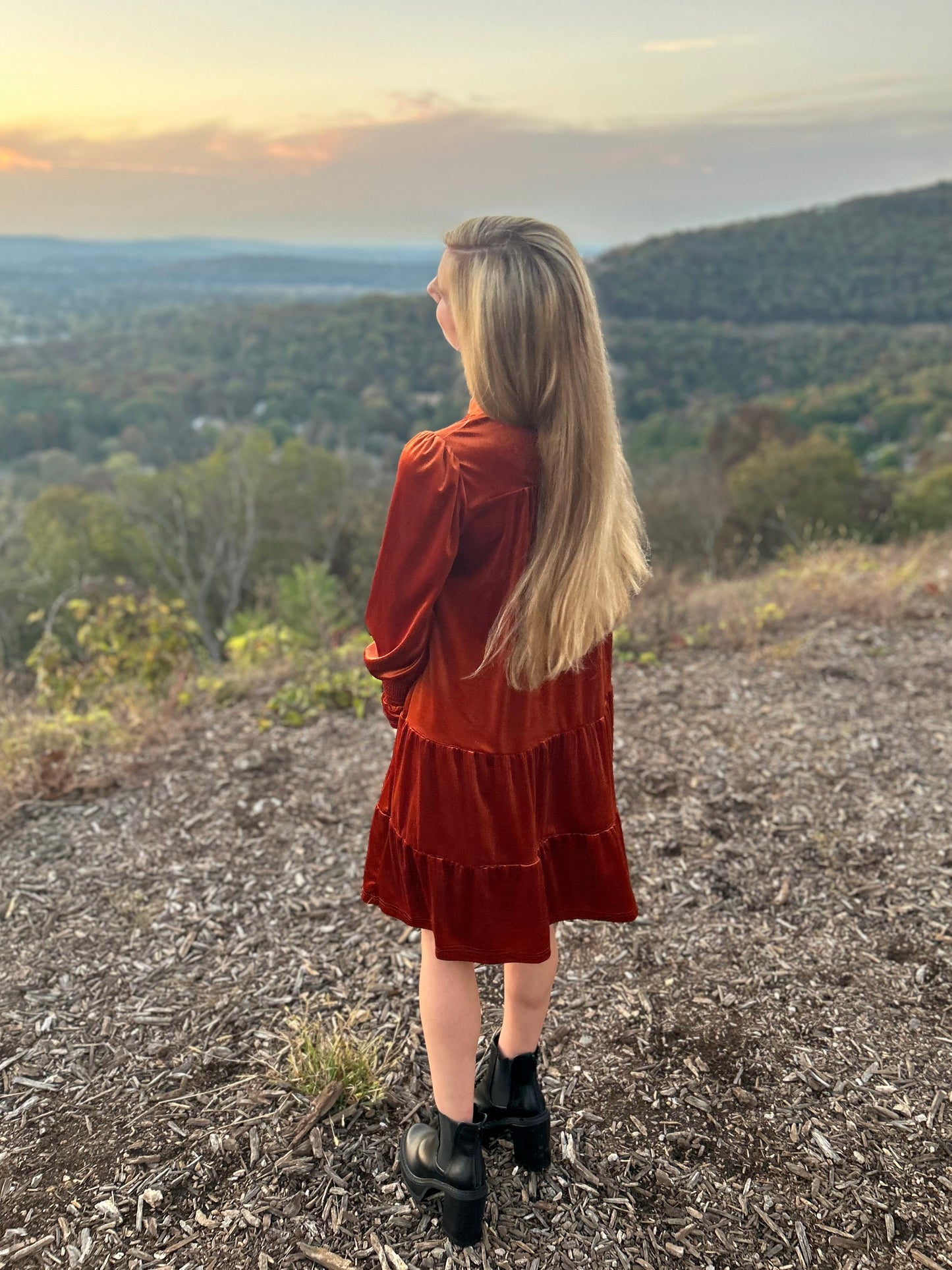 Orange Long Sleeve Velvet Dress