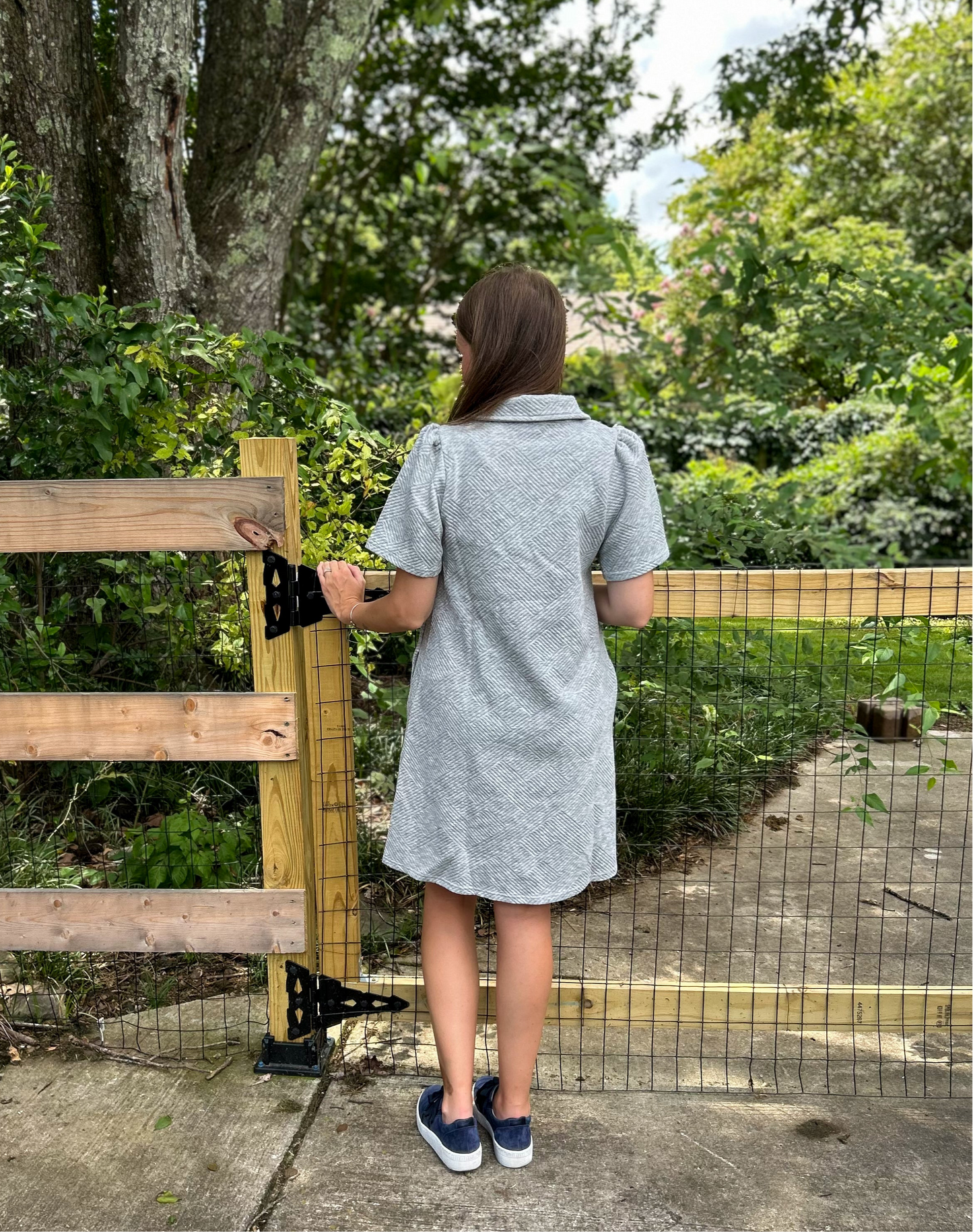 Grey Collared Textured Pocket Dress