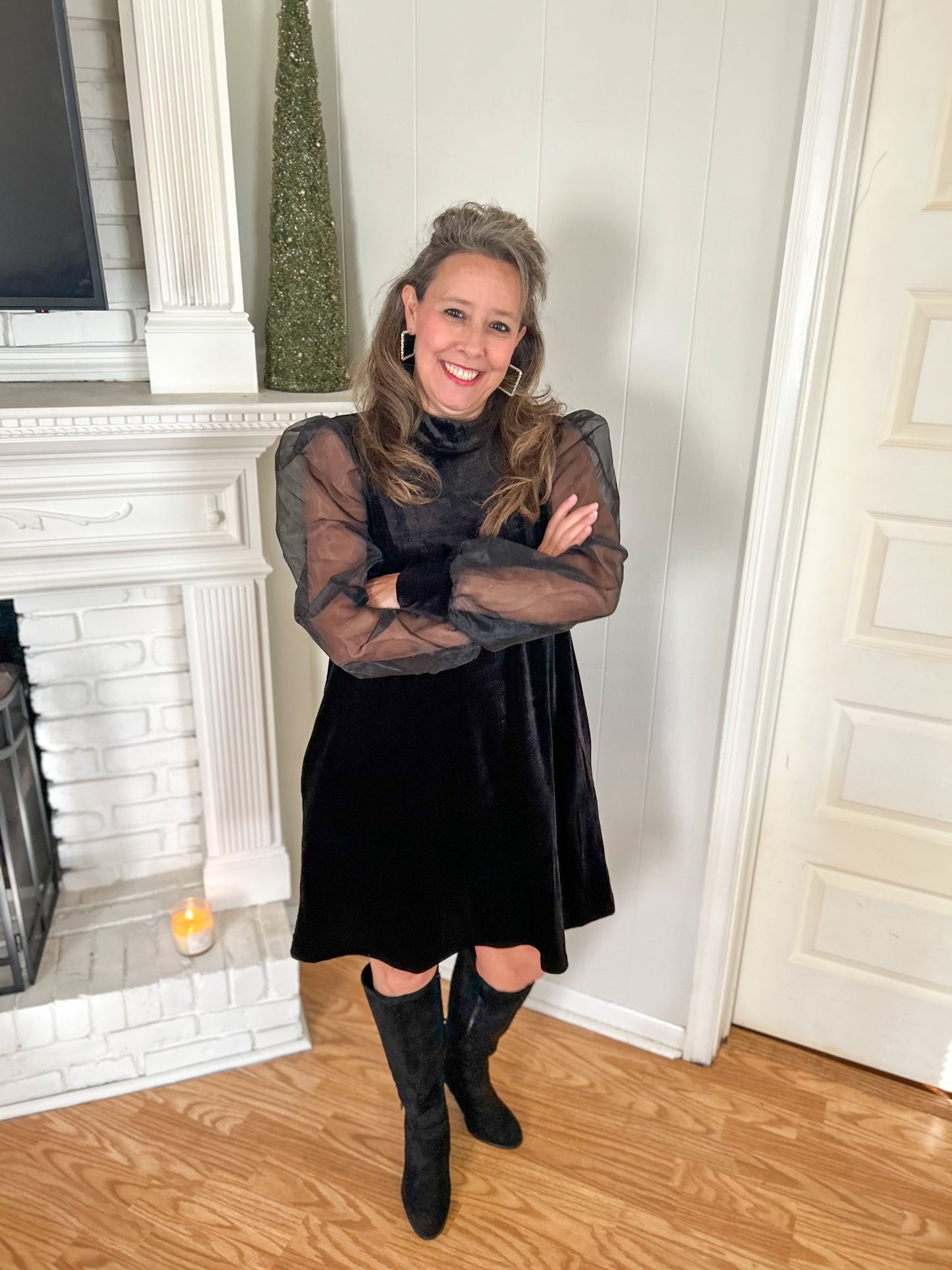 Black Velvet & Organza Sleeves Dress w/ Pockets