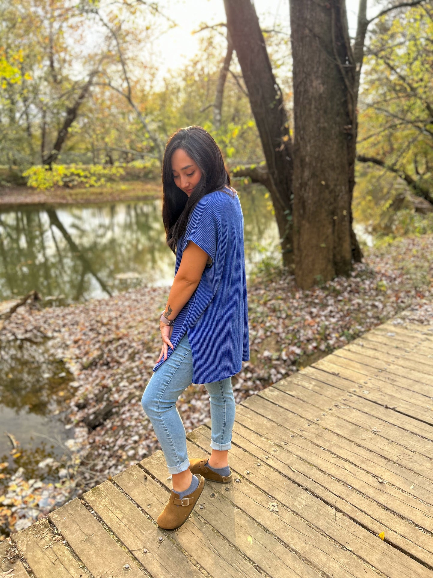 Royal Blue Short Sleeve Tunic With Side Slit