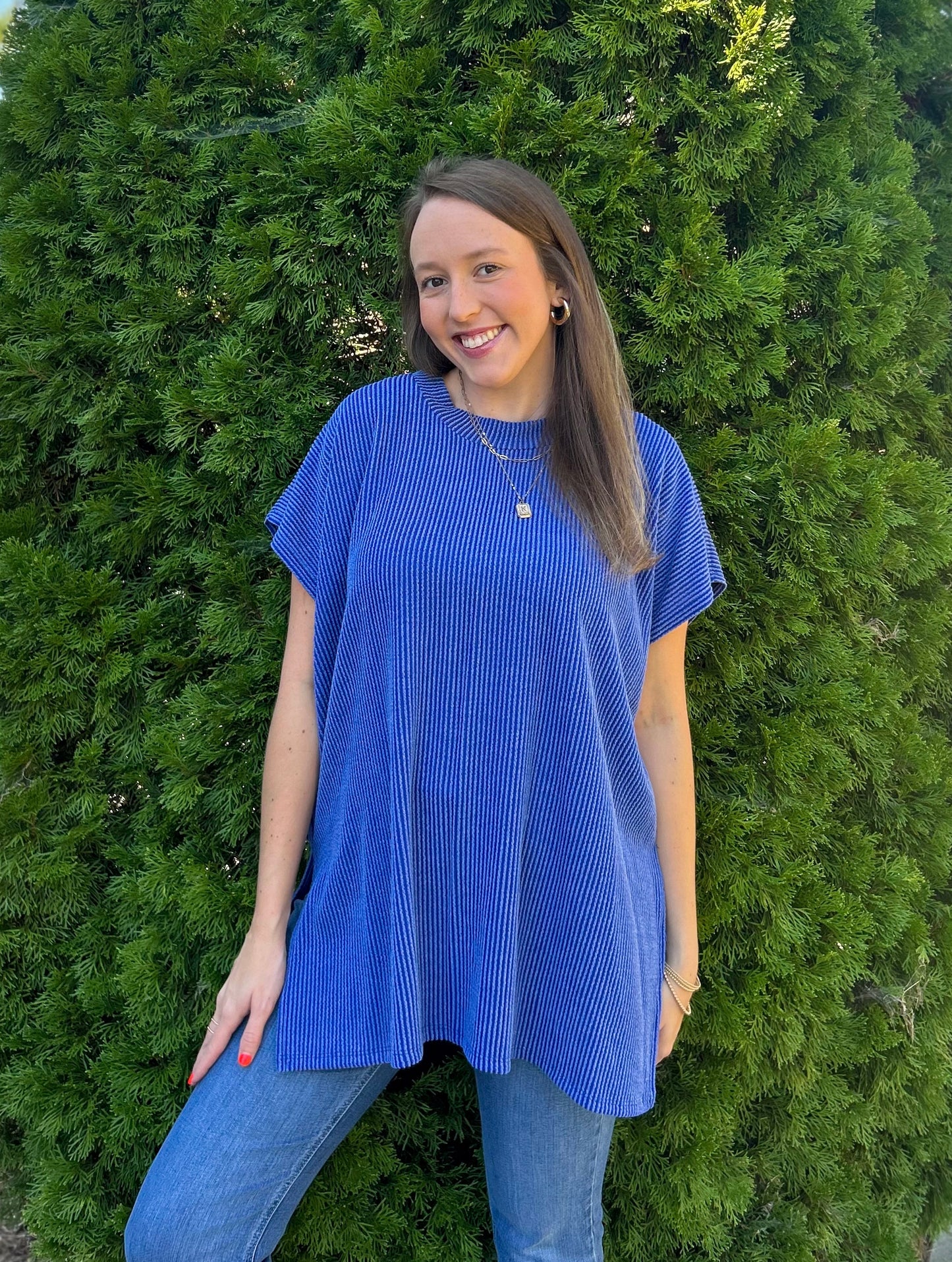 Royal Blue Short Sleeve Tunic With Side Slit