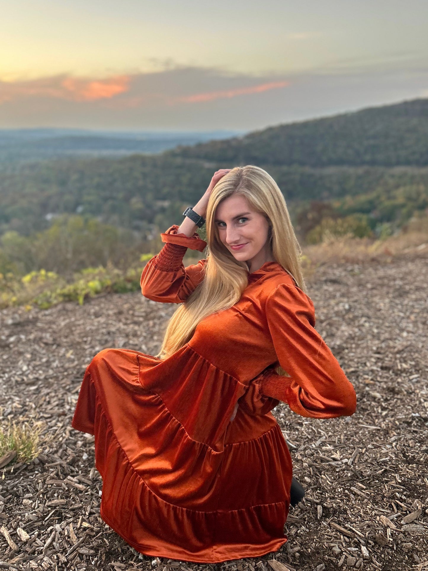 Orange Long Sleeve Velvet Dress