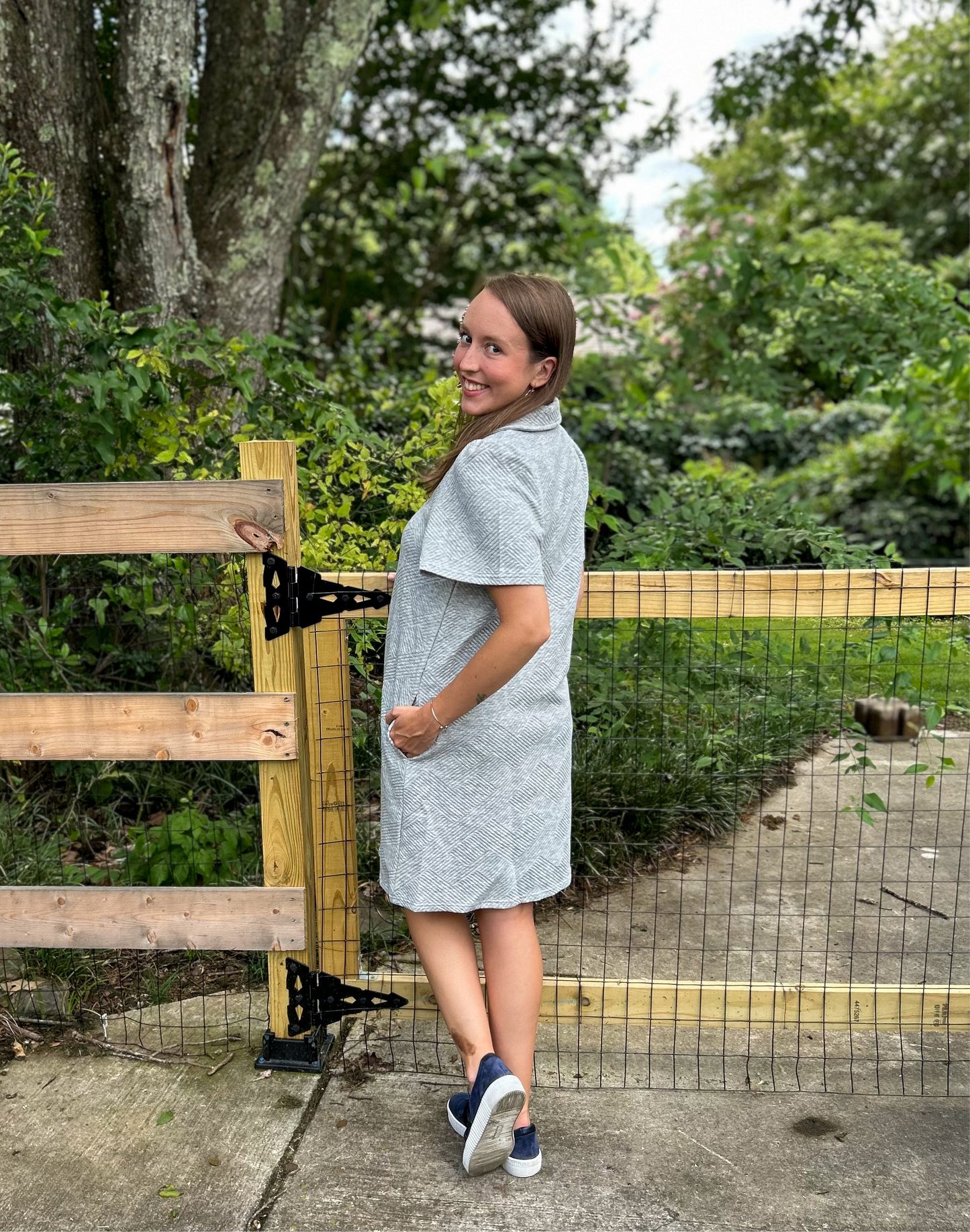 Grey Collared Textured Pocket Dress