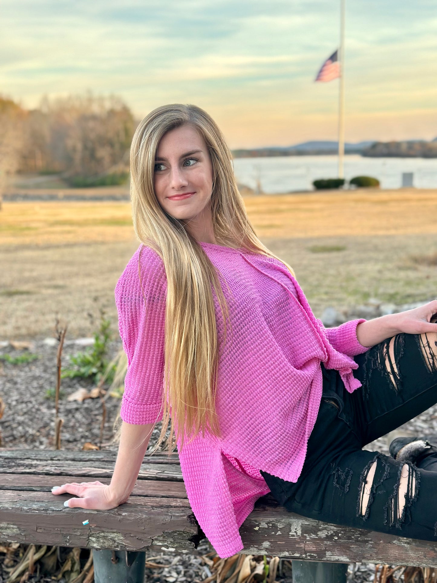 Bright Mauve 3/4 Sleeve V-Neck Hi-Low Hem Jacquard Sweater