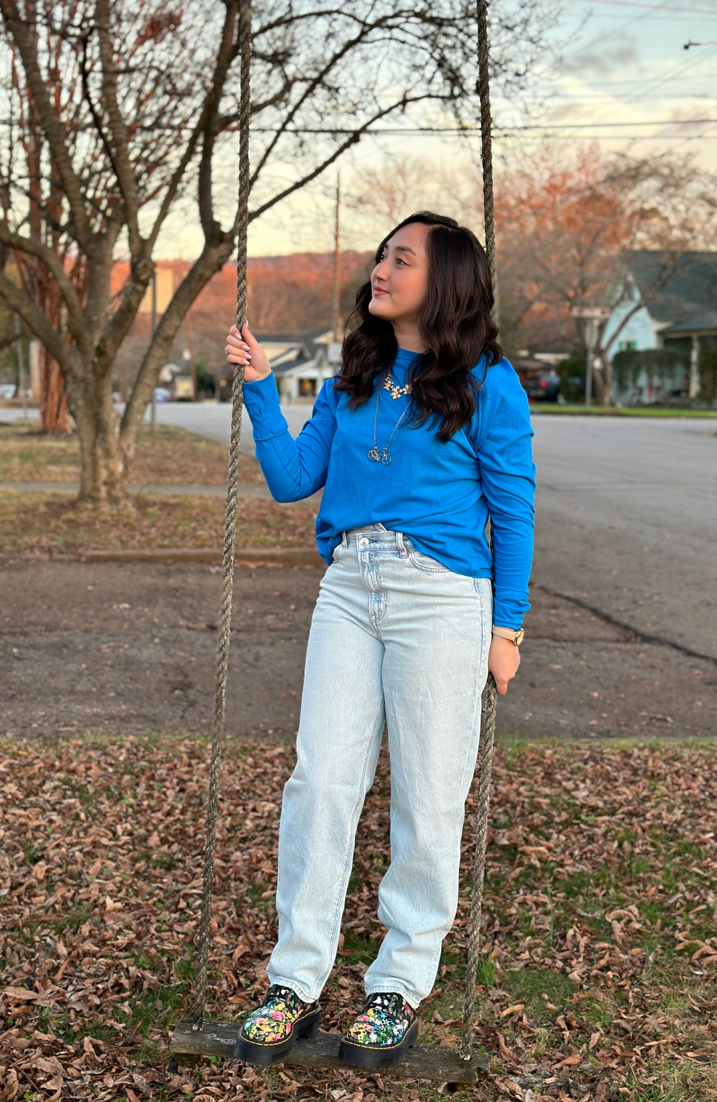 Ocean Blue Cotton Raglan Sleeve Thumbhole Top