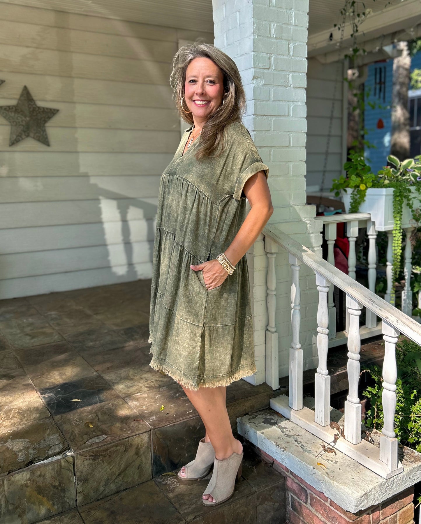 Light Olive Washed Linen Raw Edge V-Neck Dress