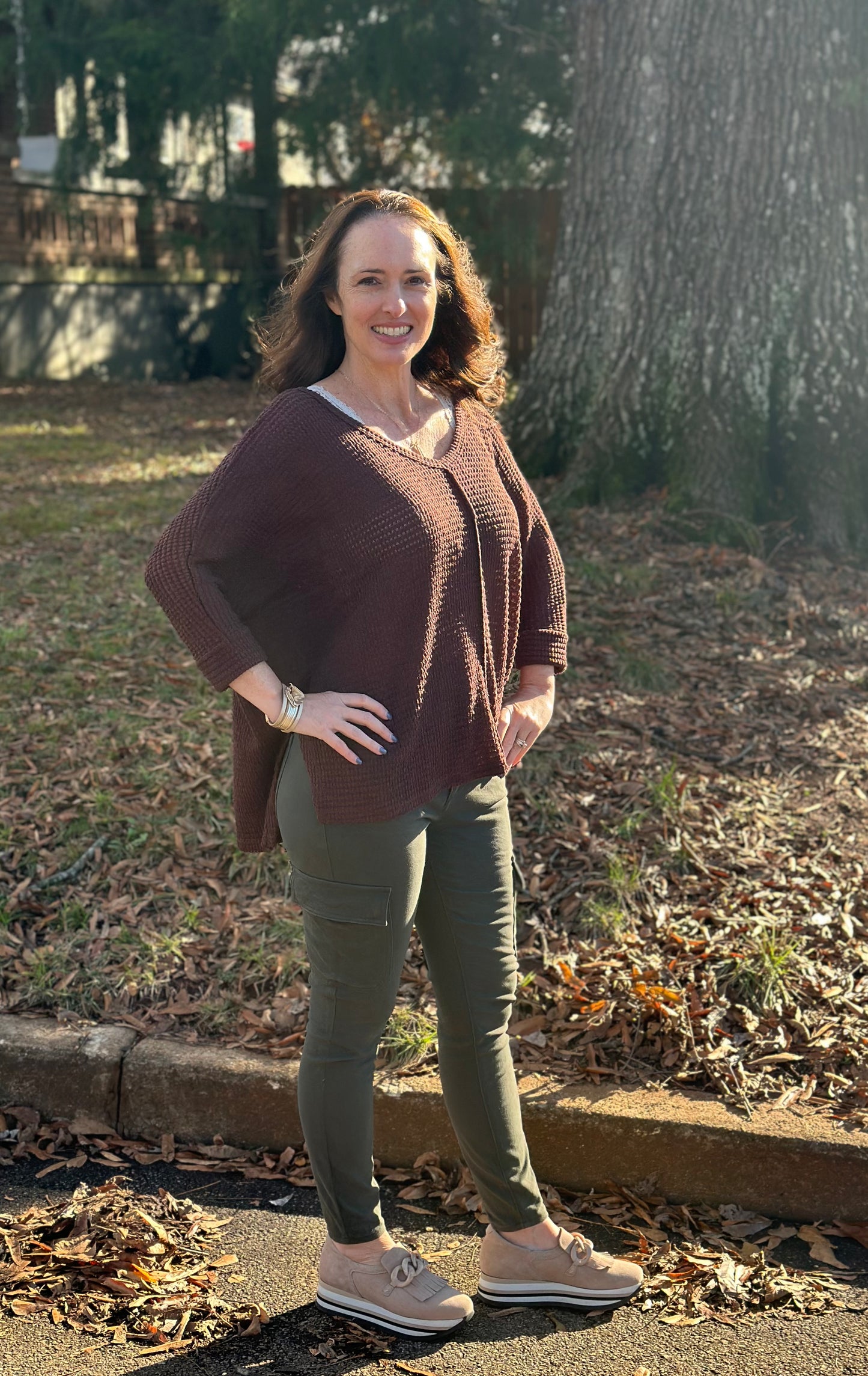 Mahogany 3/4 Sleeve V-Neck Hi-Low Hem Jacquard Sweater