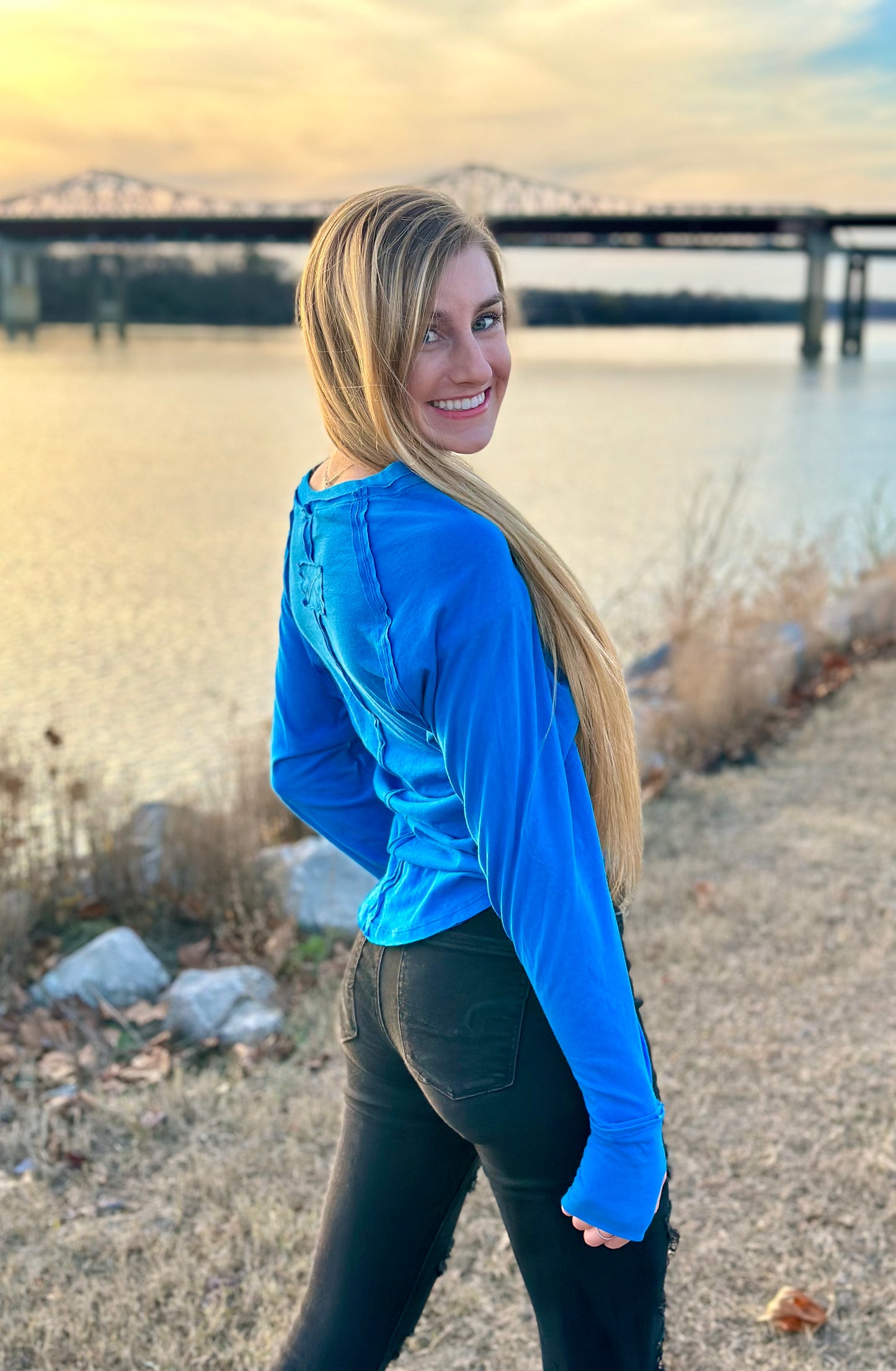 Ocean Blue Cotton Raglan Sleeve Thumbhole Top