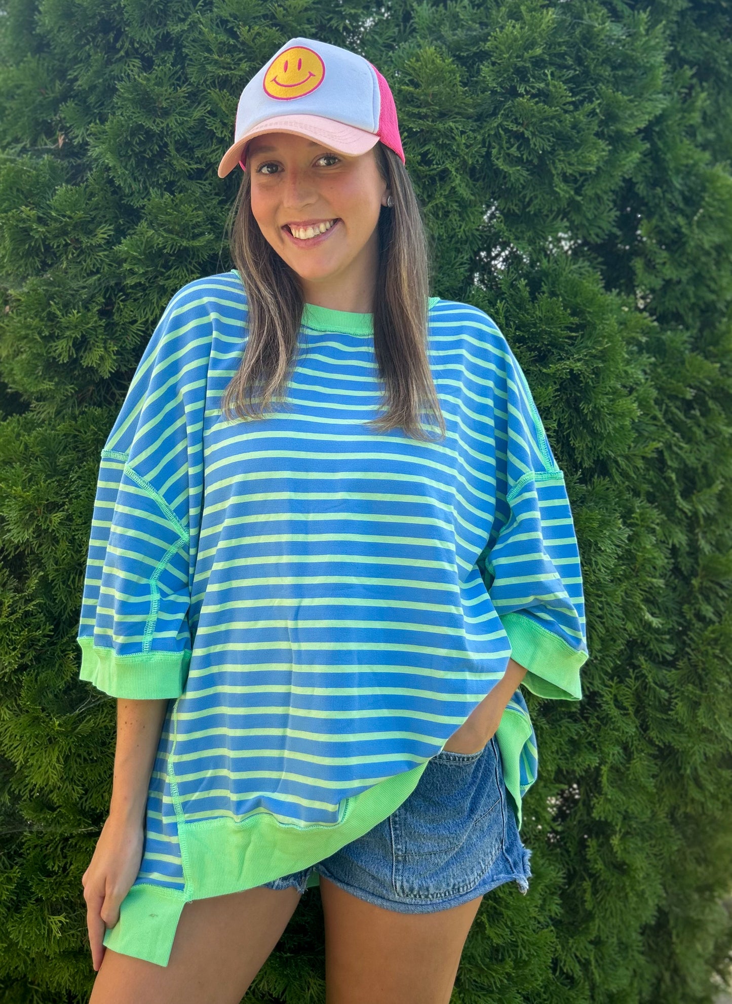 Blue Contrast Trim High Low T-Shirt