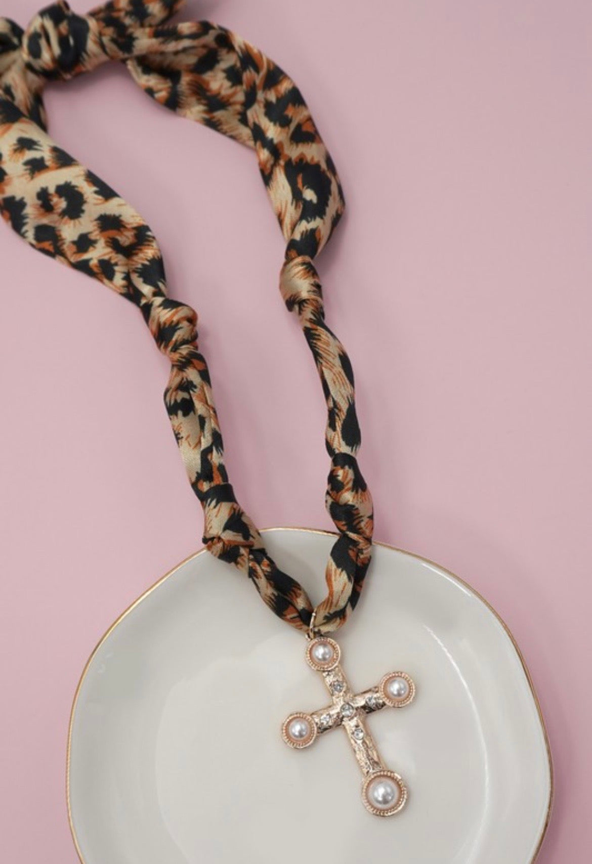 Cheetah Print Scarf Necklace with Cross Charm