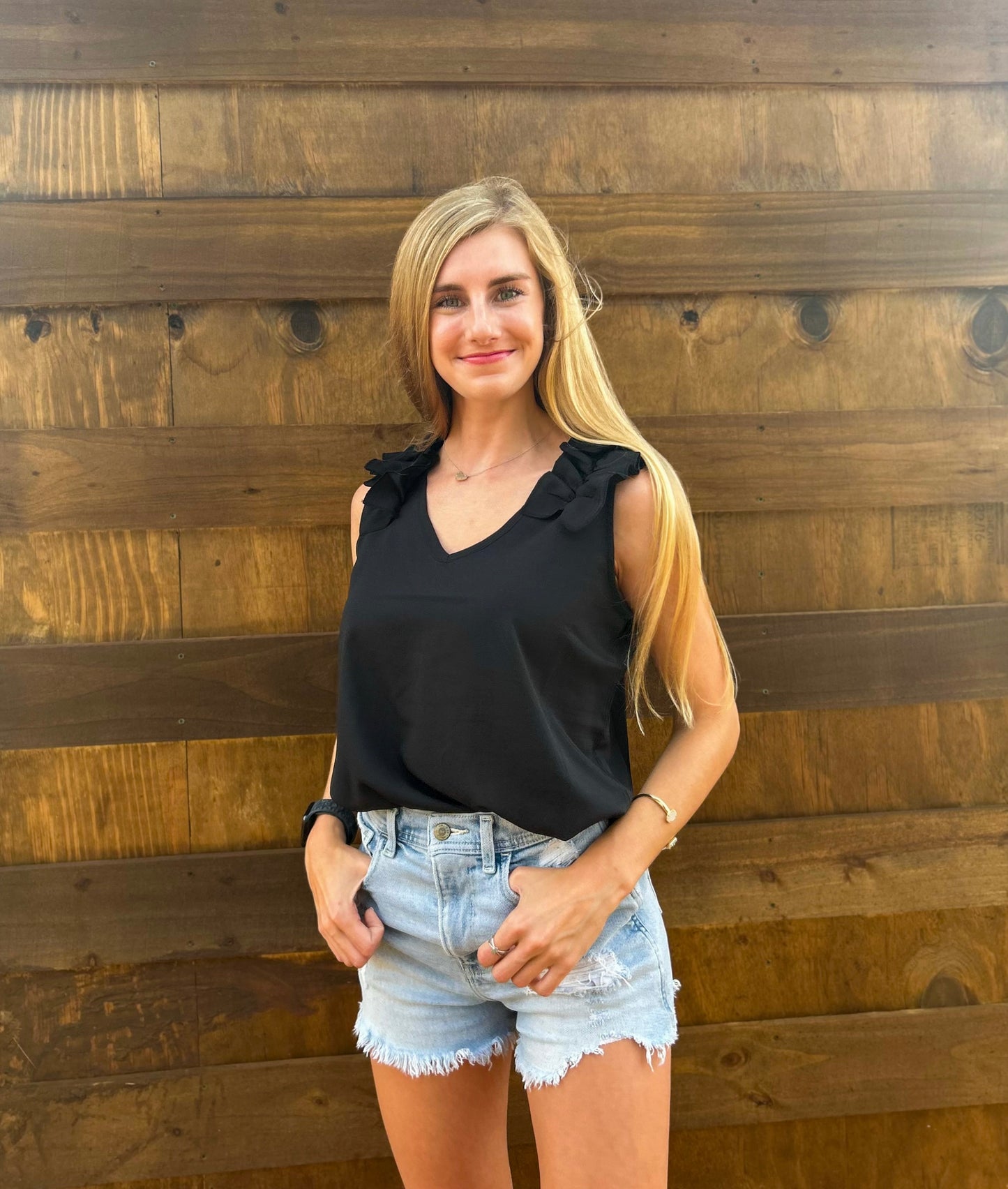 Woven Wool Ruffle Trim Sleeveless Top