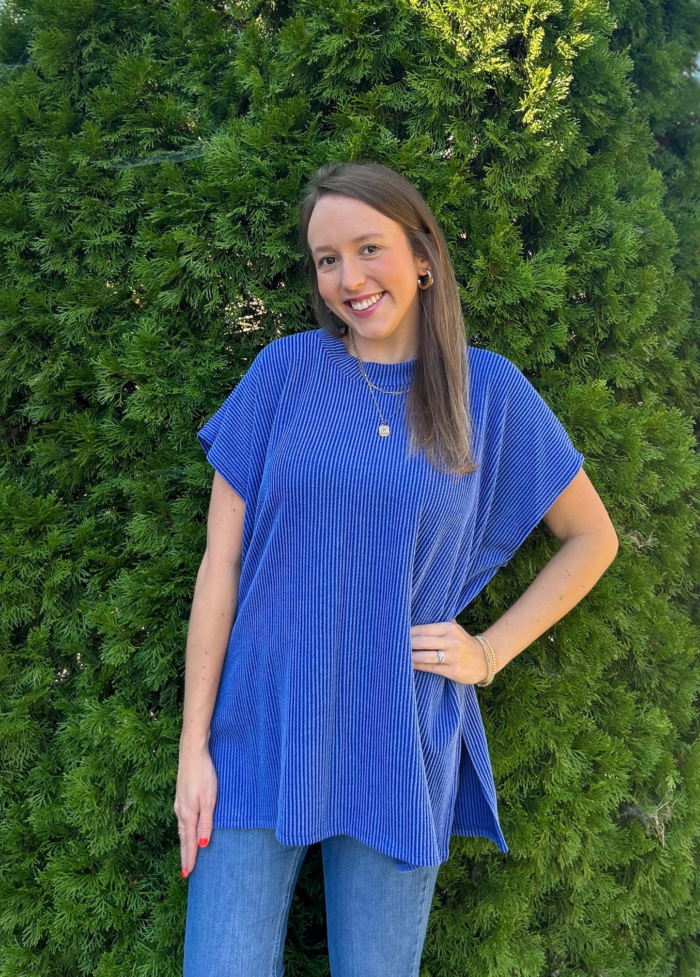 Royal Blue Short Sleeve Tunic With Side Slit