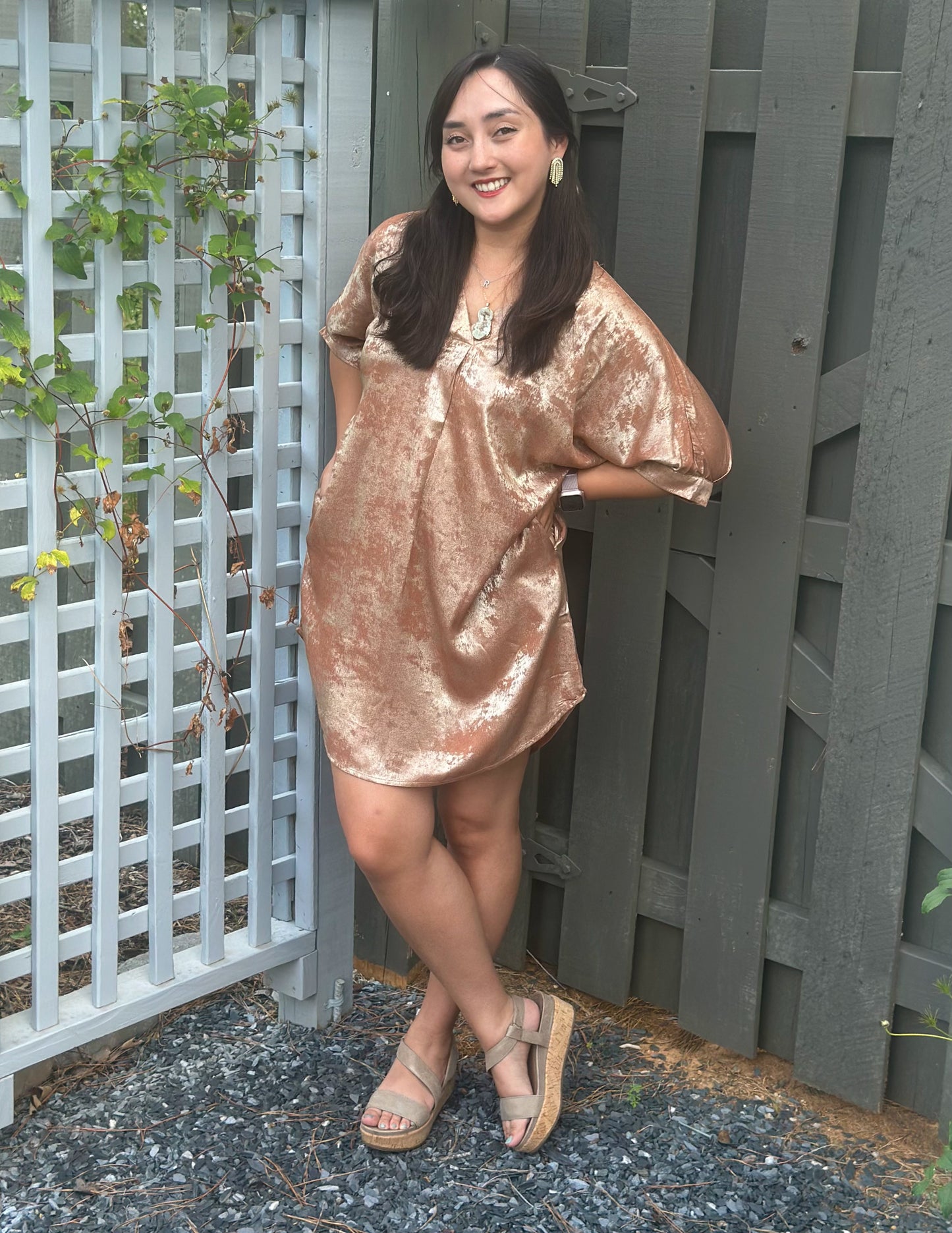 Caramel Metallic Dress with Pockets