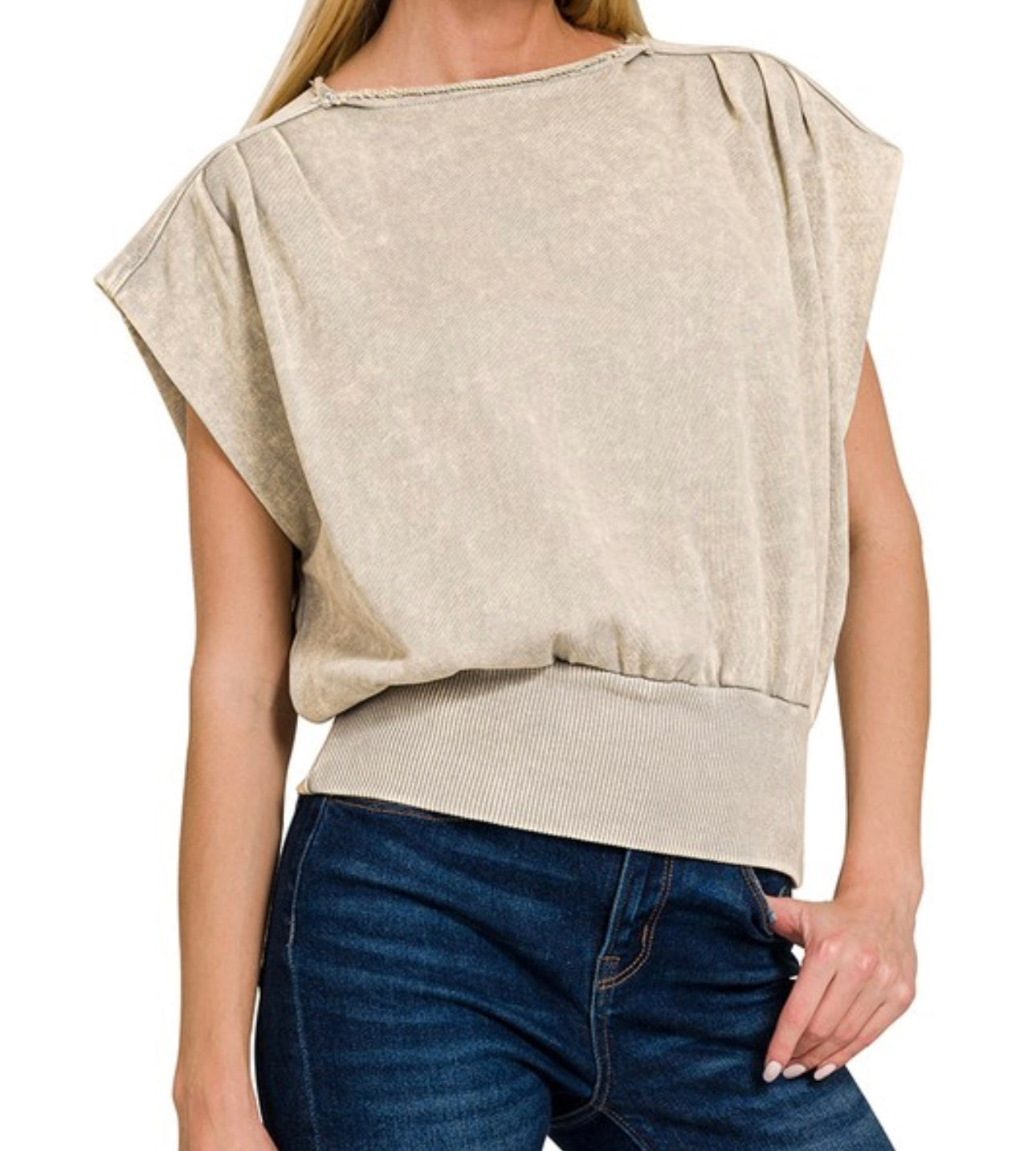 Sleet Washed Boat Neck Bottom Banded Dolman Sleeve Top