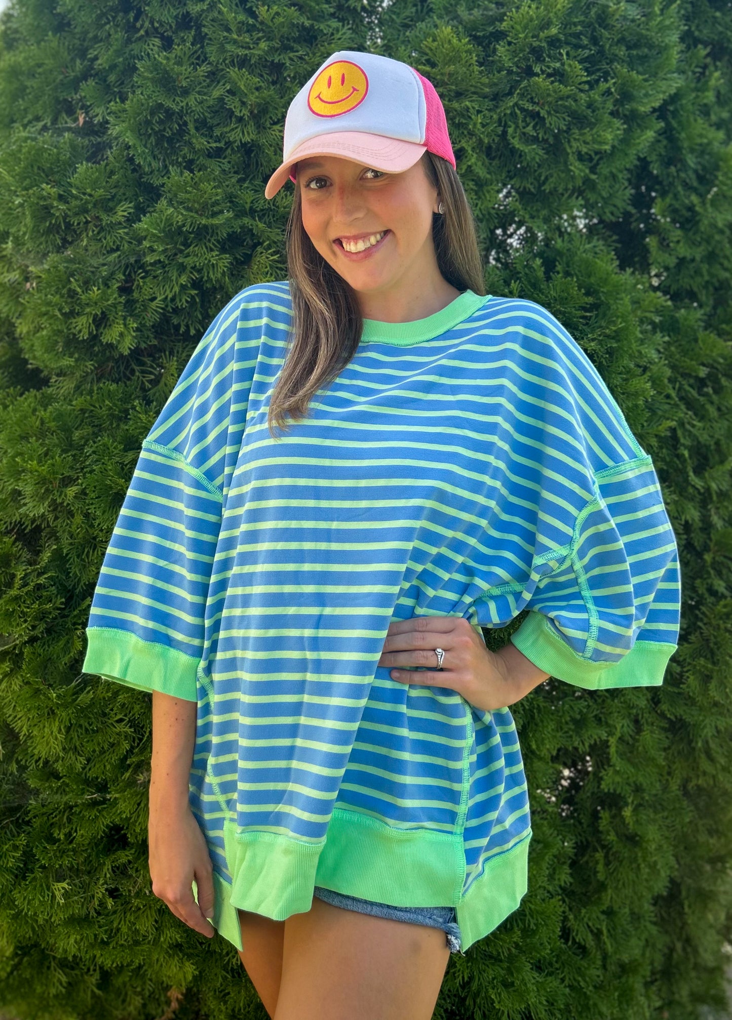 Blue Contrast Trim High Low T-Shirt