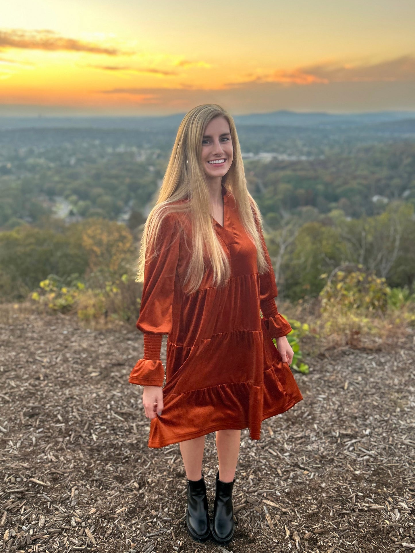 Orange Long Sleeve Velvet Dress