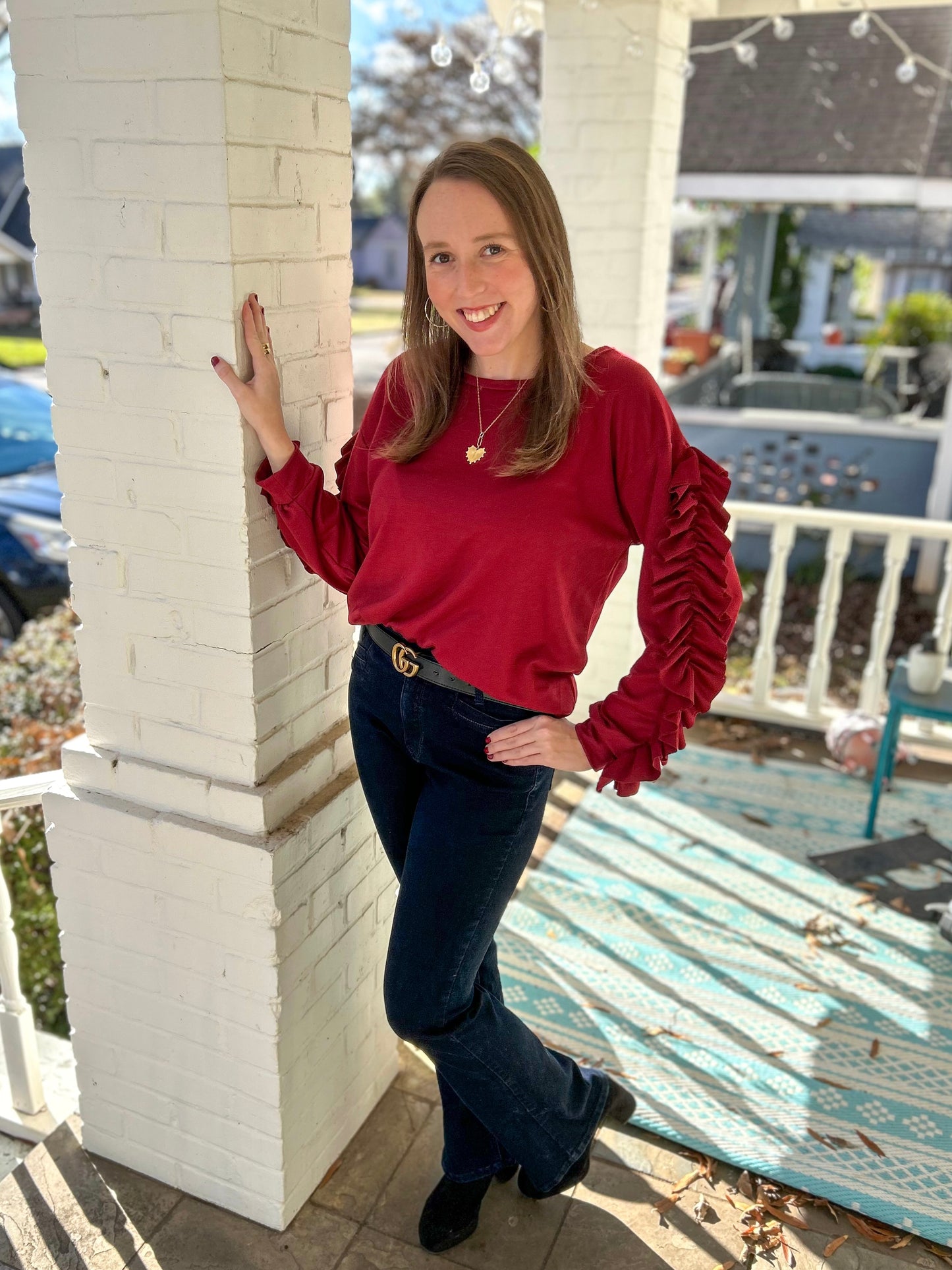 Burgundy French Terry Top w/ Ruffle Sleeves