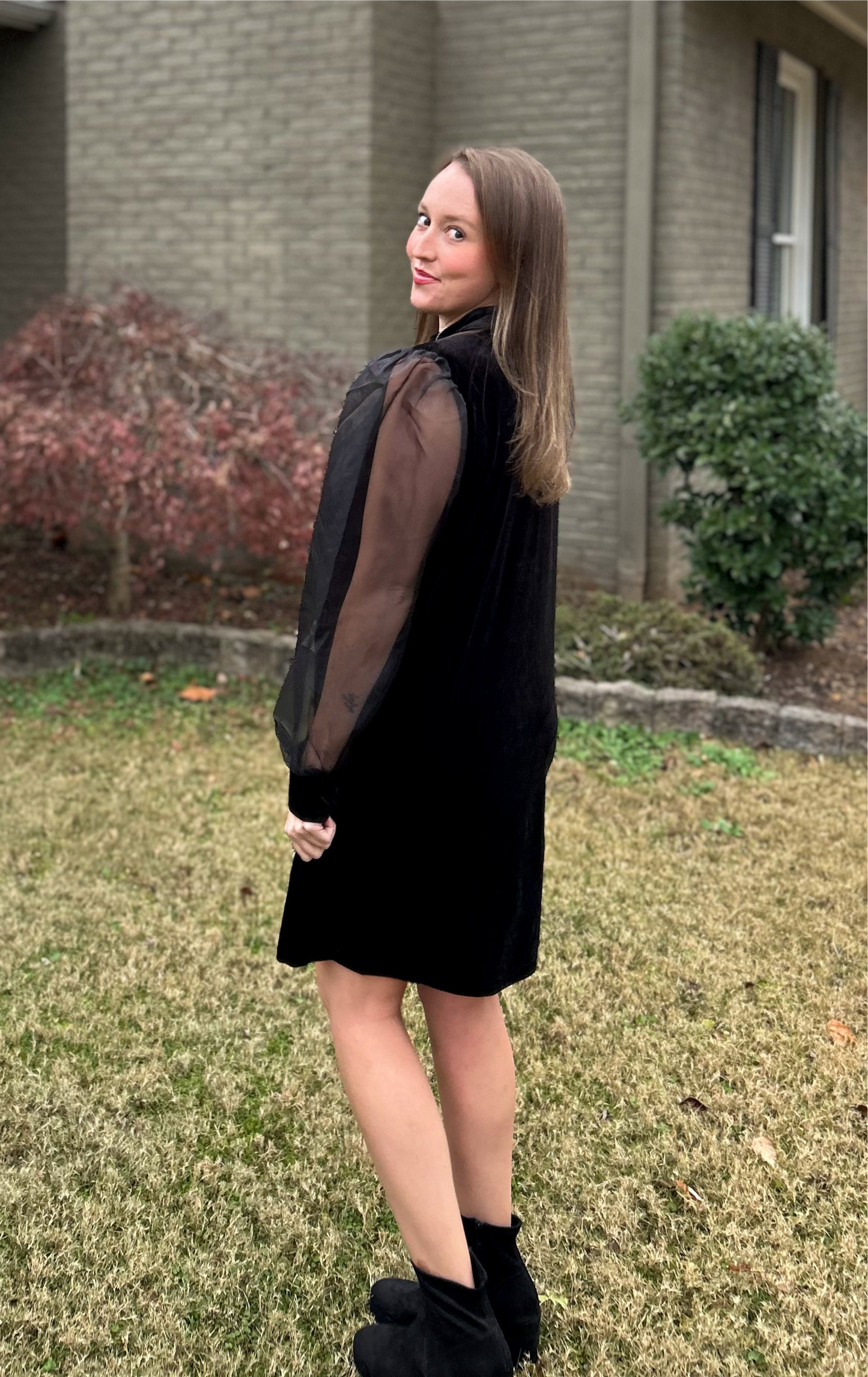 Black Velvet & Organza Sleeves Dress w/ Pockets