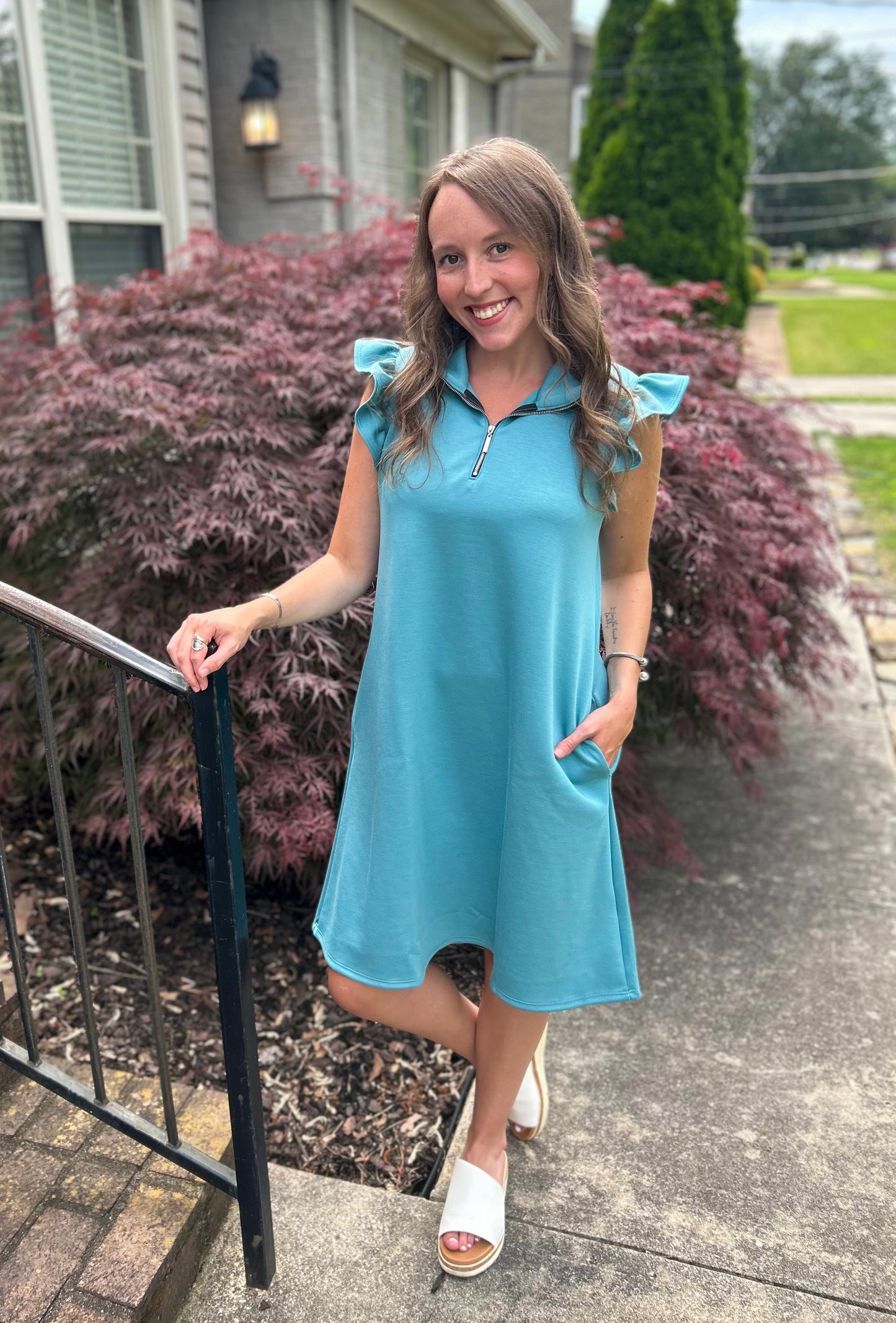 Dusty Teal Short Sleeve Scuba Dress