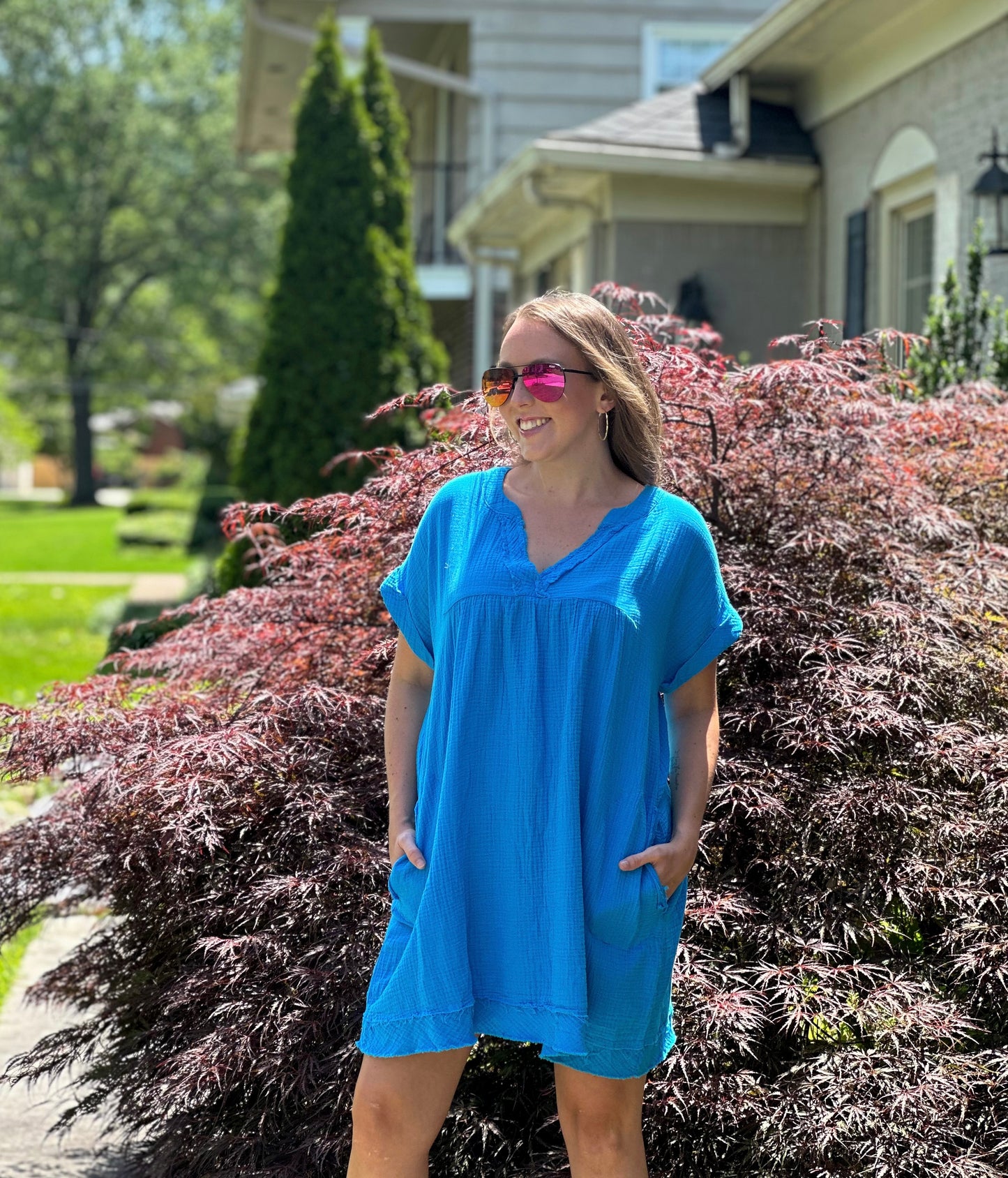 Double Gauze Raw Edge V-Neck Dress