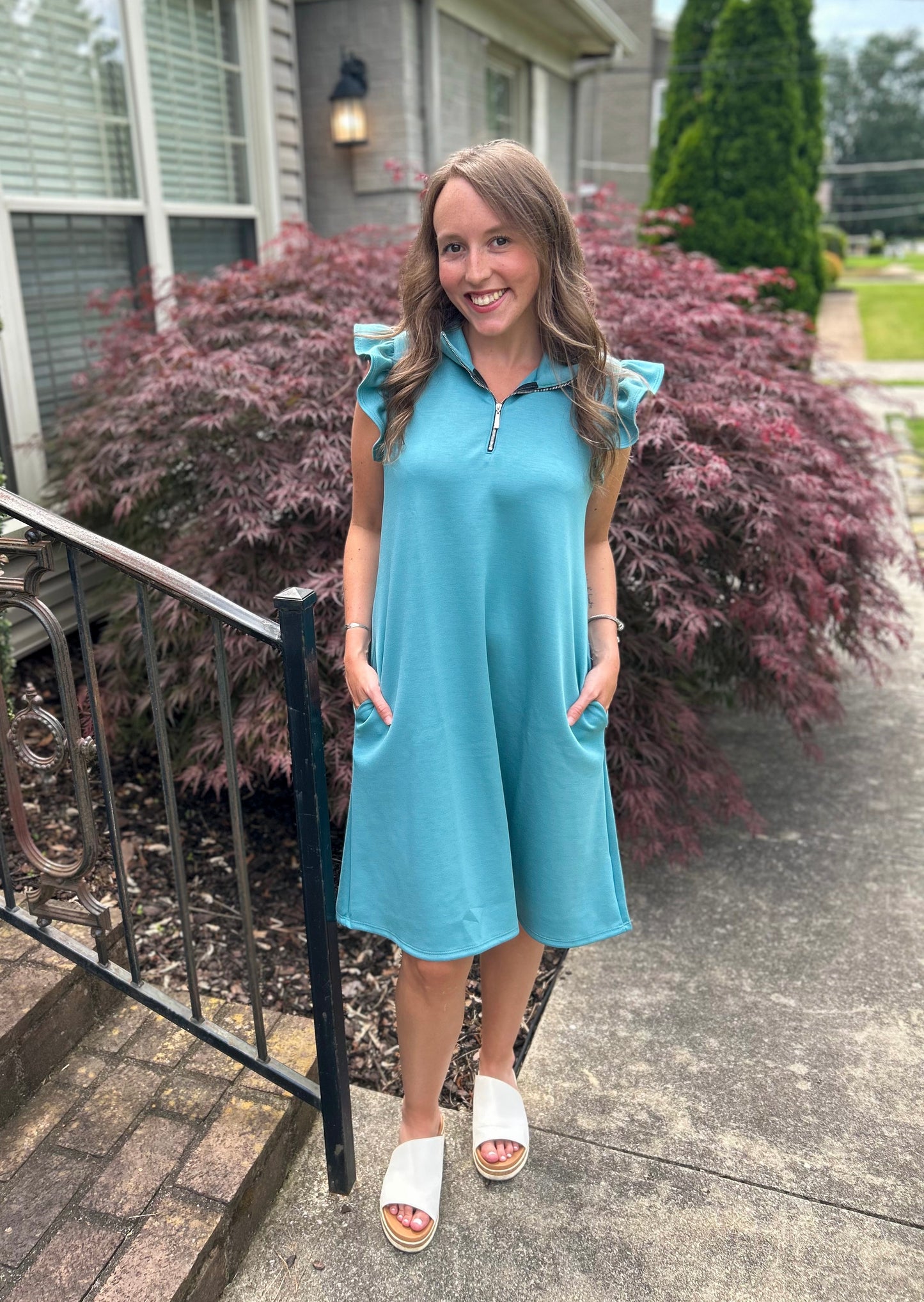 Dusty Teal Short Sleeve Scuba Dress