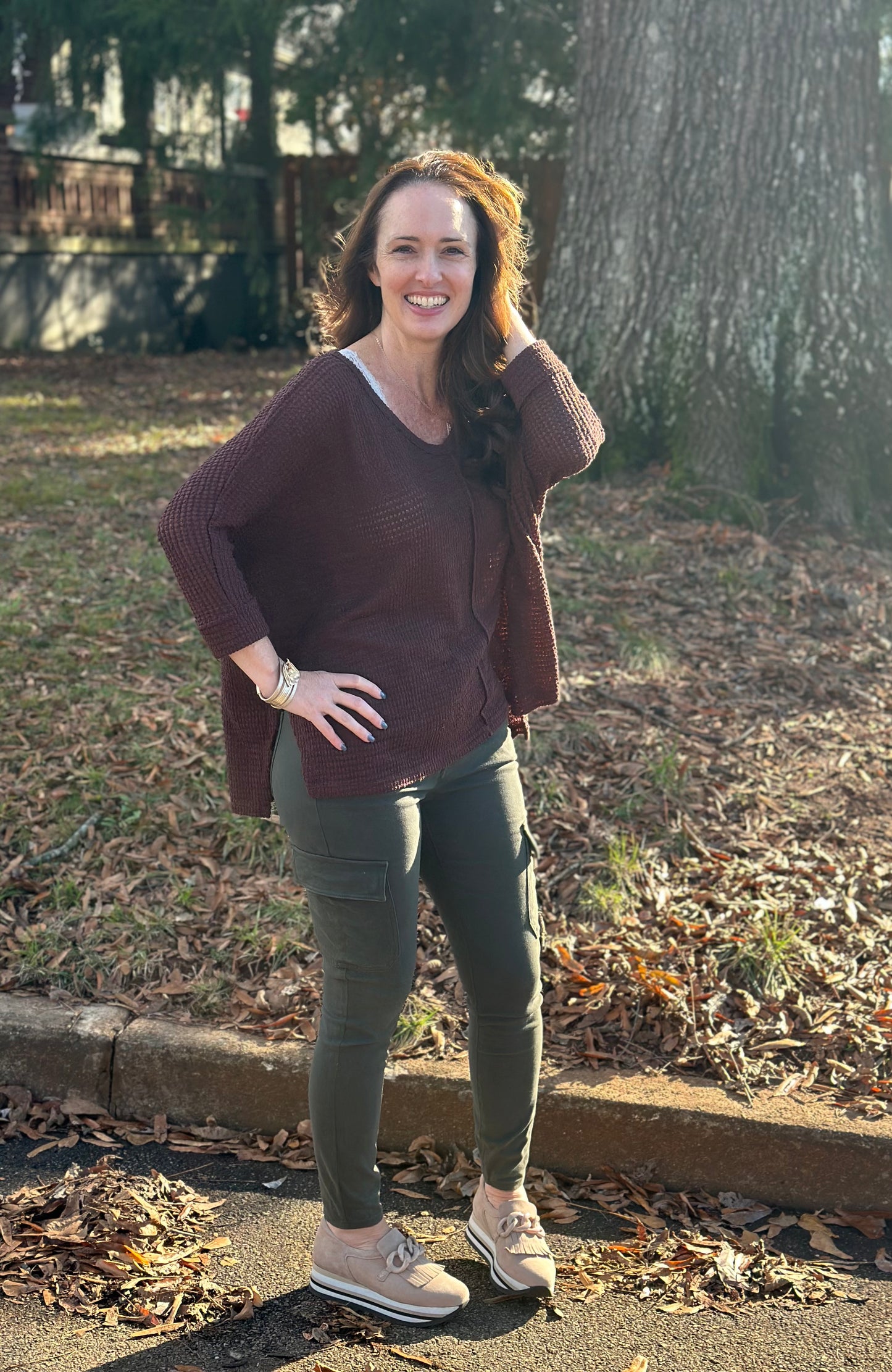 Mahogany 3/4 Sleeve V-Neck Hi-Low Hem Jacquard Sweater