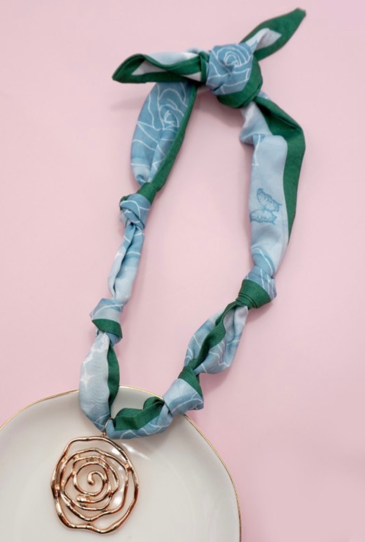 Butterfly Print Scarf Necklace with Swirl Charm